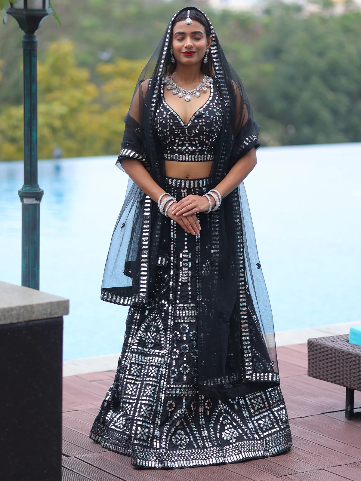 Odette Black Silk Blend Semi Stitched Lehenga With Unstitched Blouse For Women - Image 3