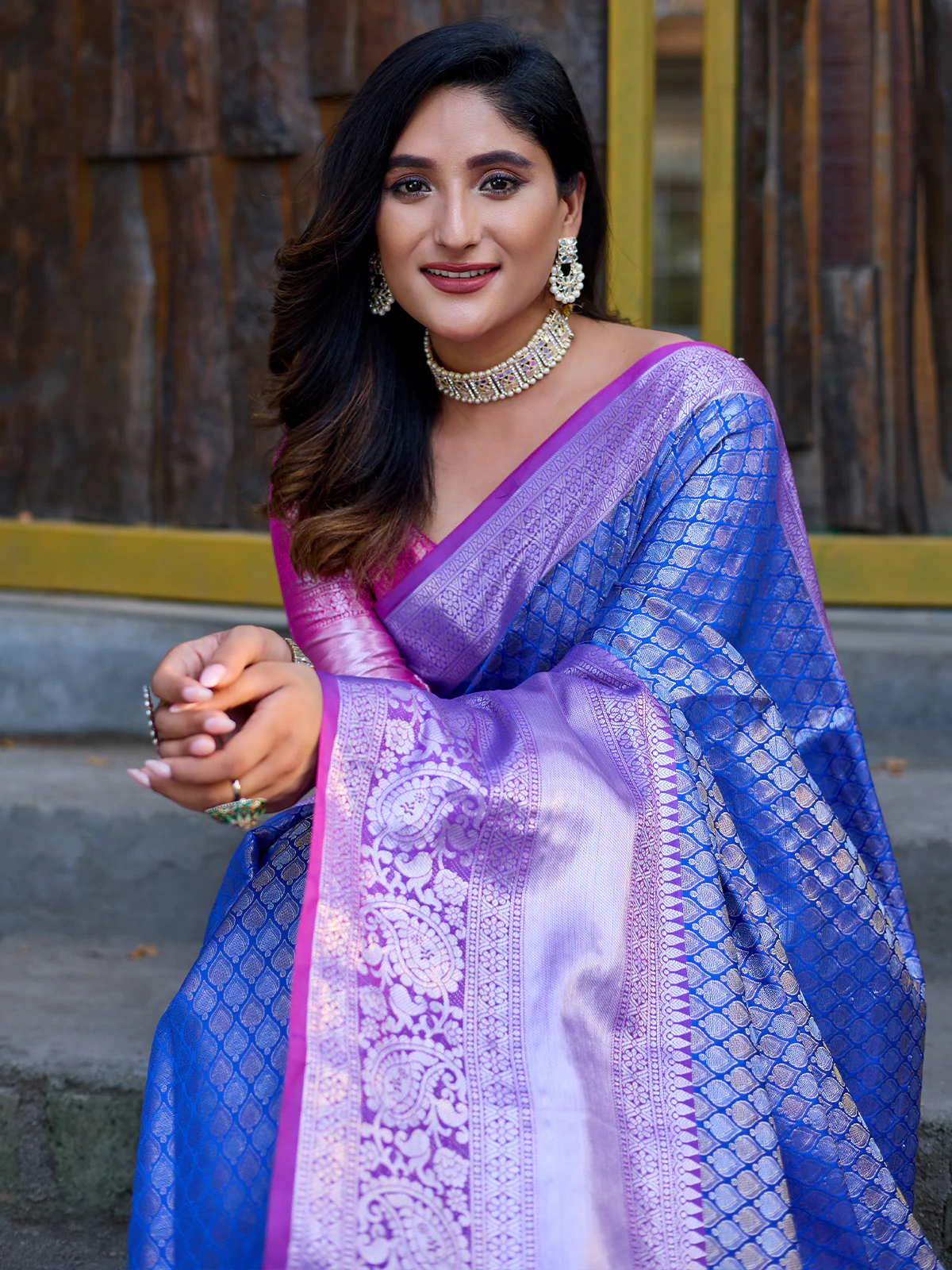 Odette Blue Banarasi Silk  Saree with unstitched Blouse For Women - Image 3