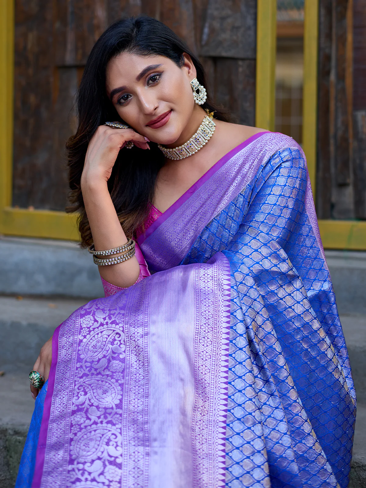 Odette Blue Banarasi Silk  Saree with unstitched Blouse For Women - Image 4