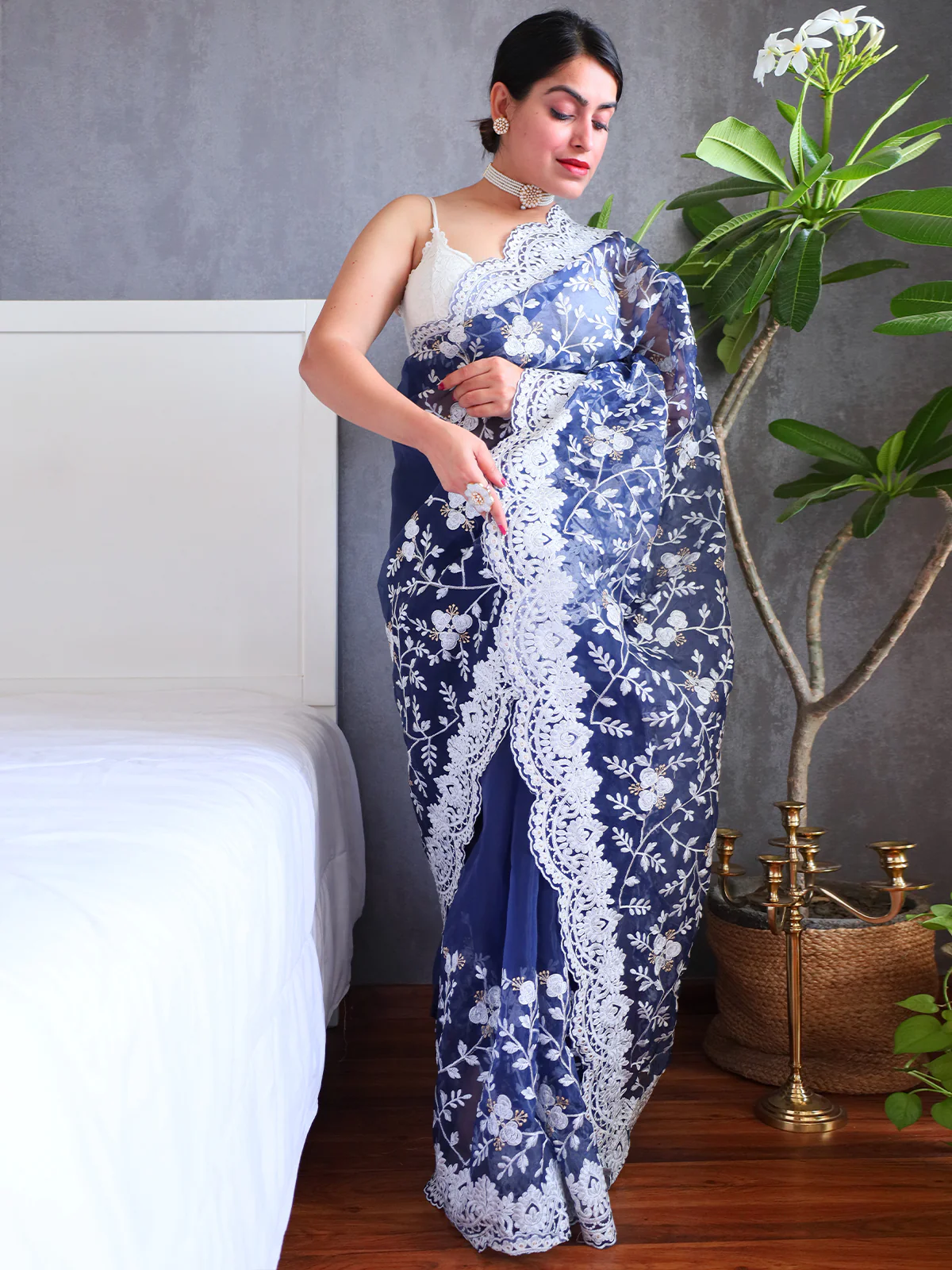 Odette Blue Organza  Saree with unstitched Blouse For Women - Image 2