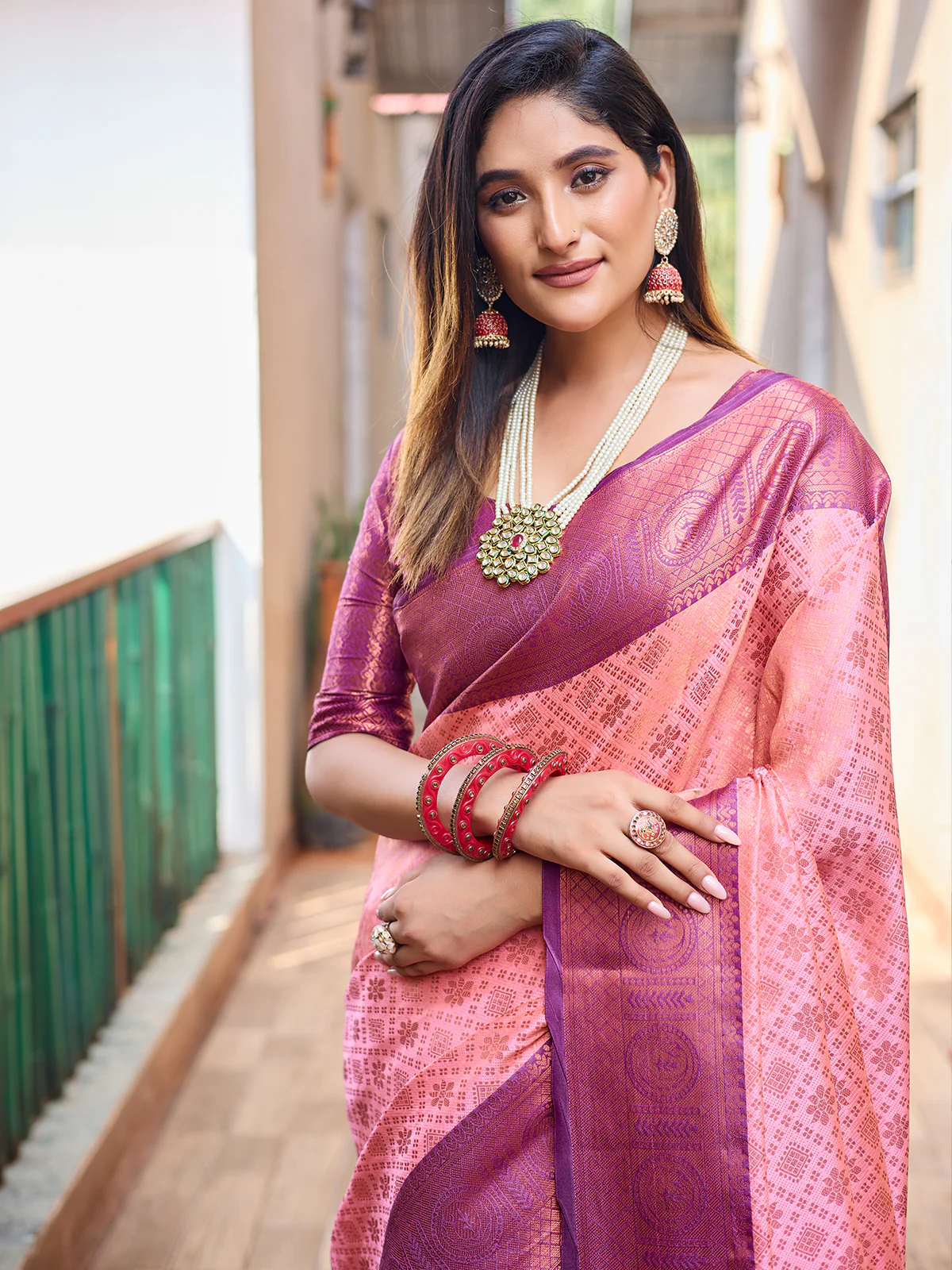 Odette Women's Peach Silk  Saree with unstitched Blouse - Image 3