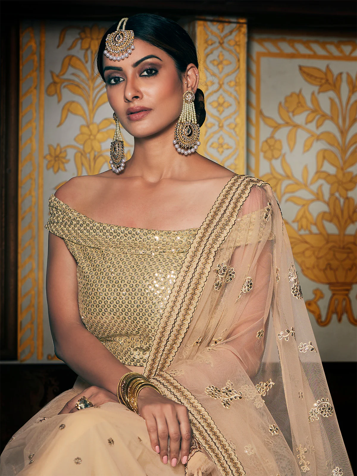 Odette Women's Beige Net Semi Stitched Lehenga with Unstitched Blouse - Image 2