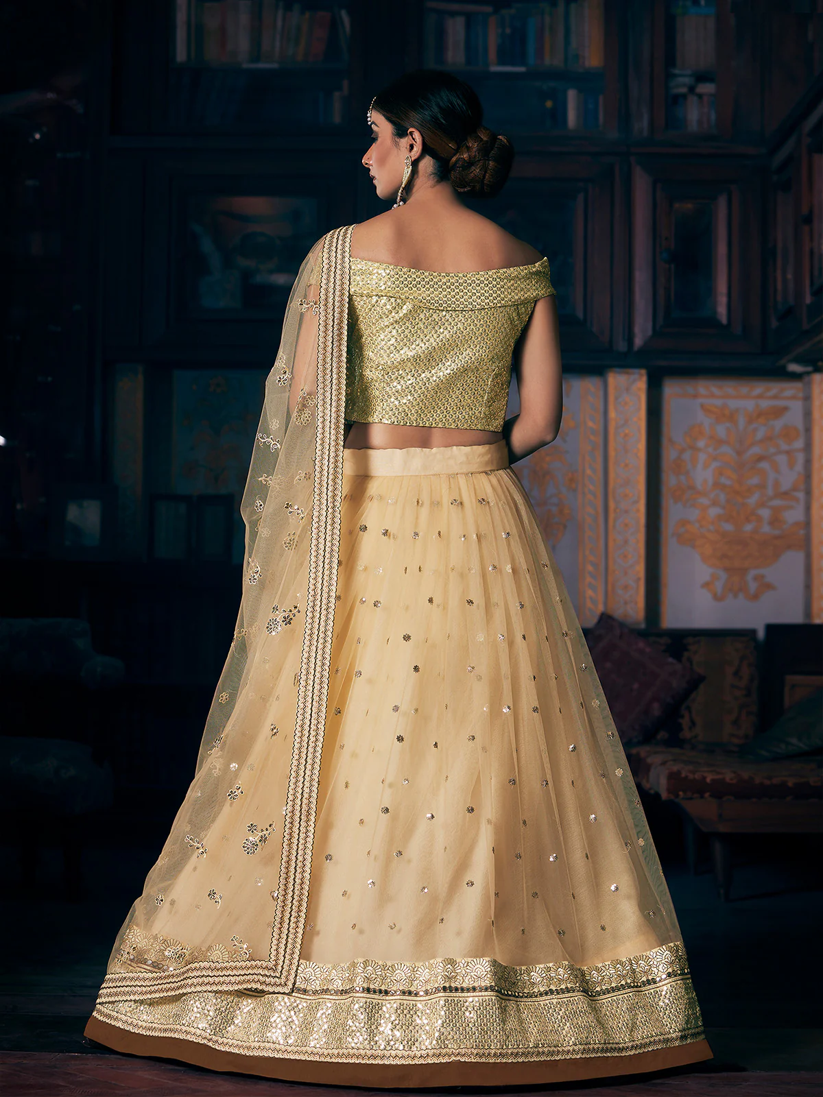 Odette Women's Beige Net Semi Stitched Lehenga with Unstitched Blouse - Image 3