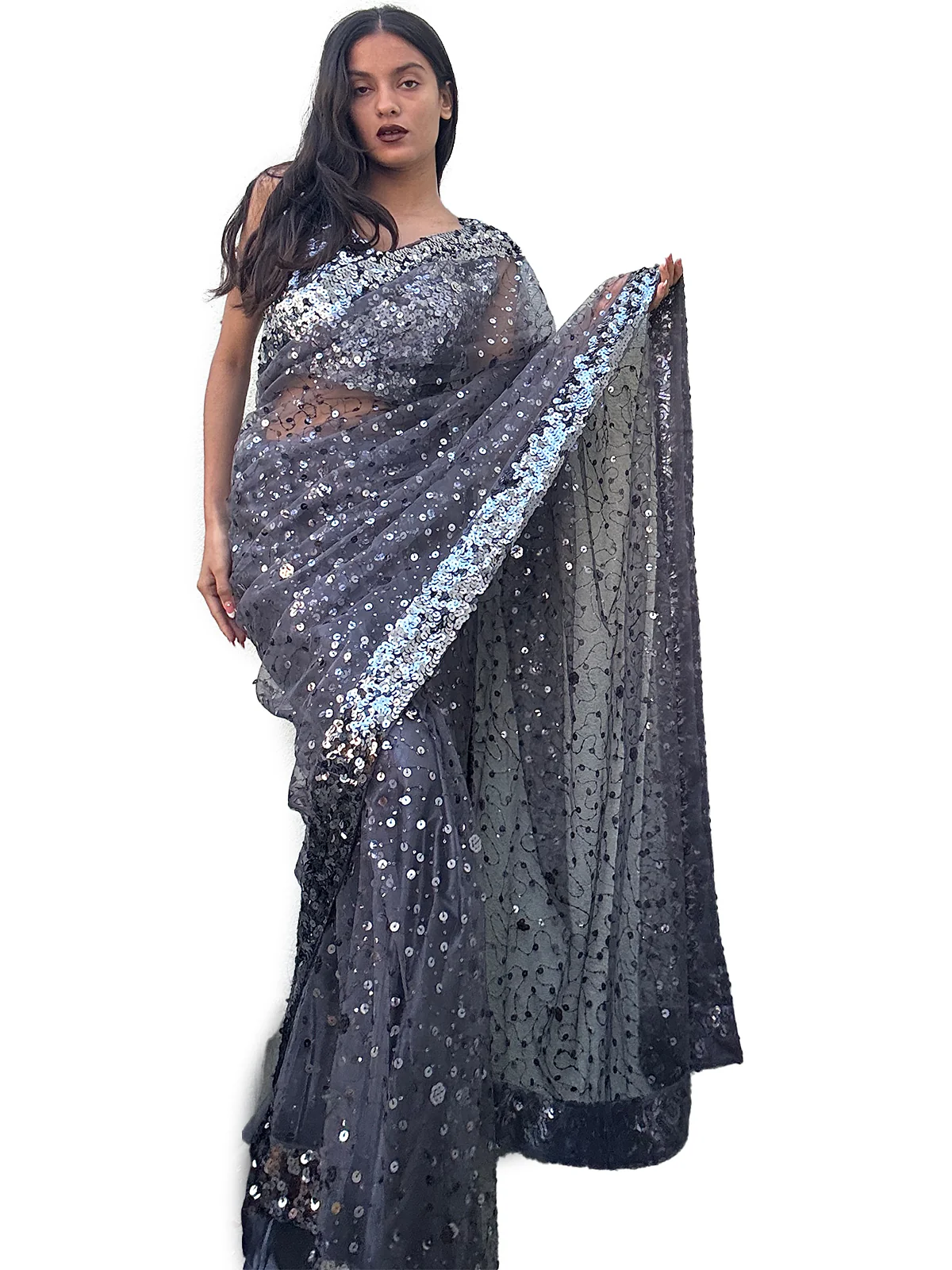 Odette Grey Net Saree with unstitched Blouse For Women - Image 2