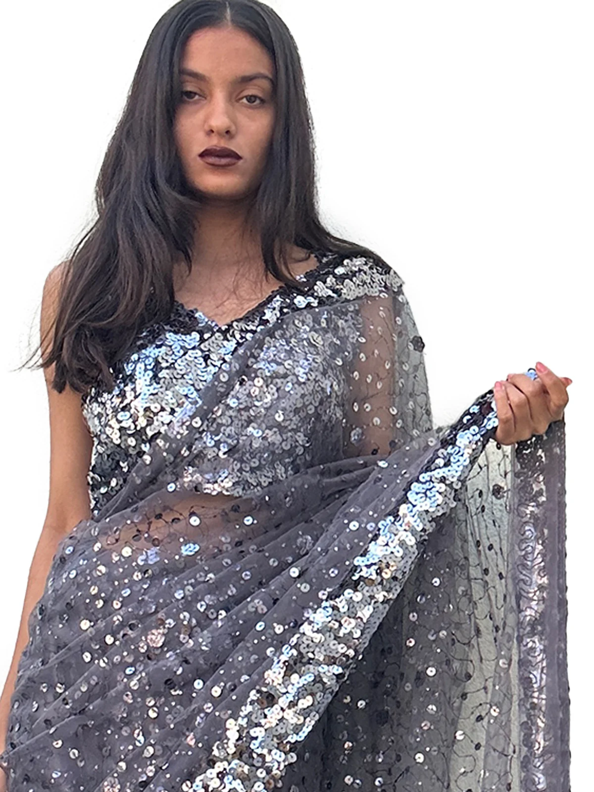 Odette Grey Net Saree with unstitched Blouse For Women - Image 5