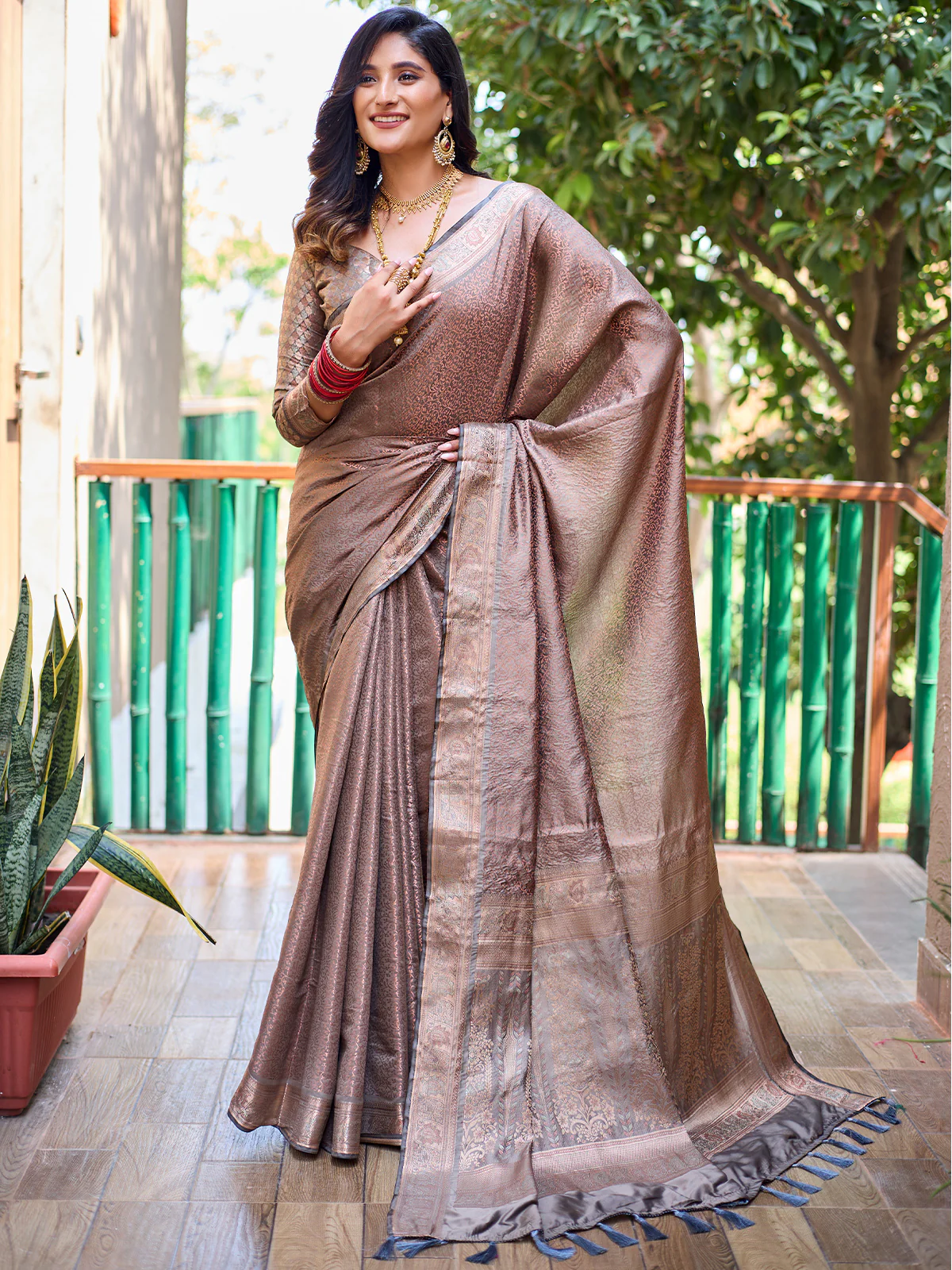 Odette Women's Light Brown Silk  Saree with Unstitched Blouse - Image 2