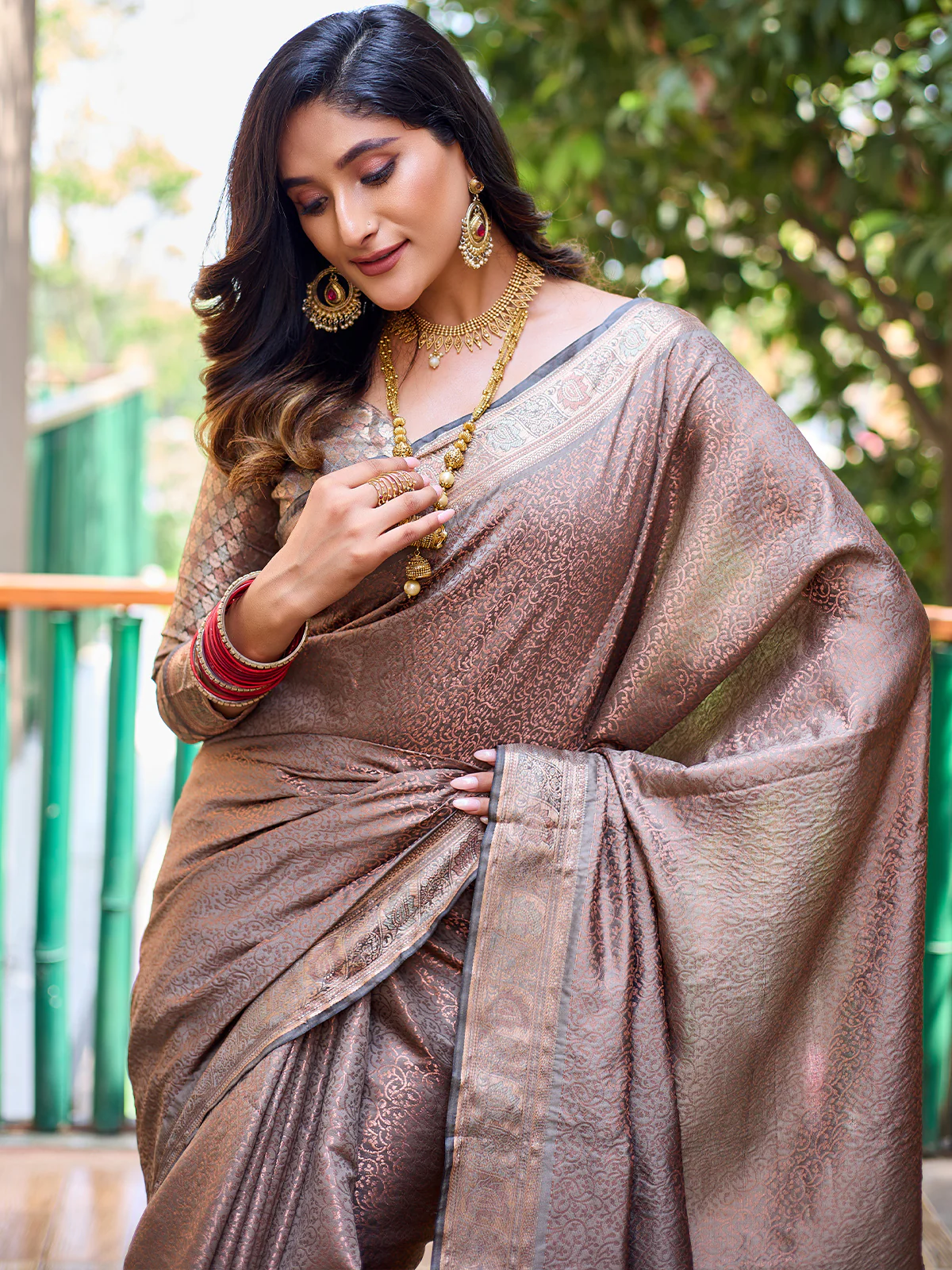 Odette Women's Light Brown Silk  Saree with Unstitched Blouse - Image 3