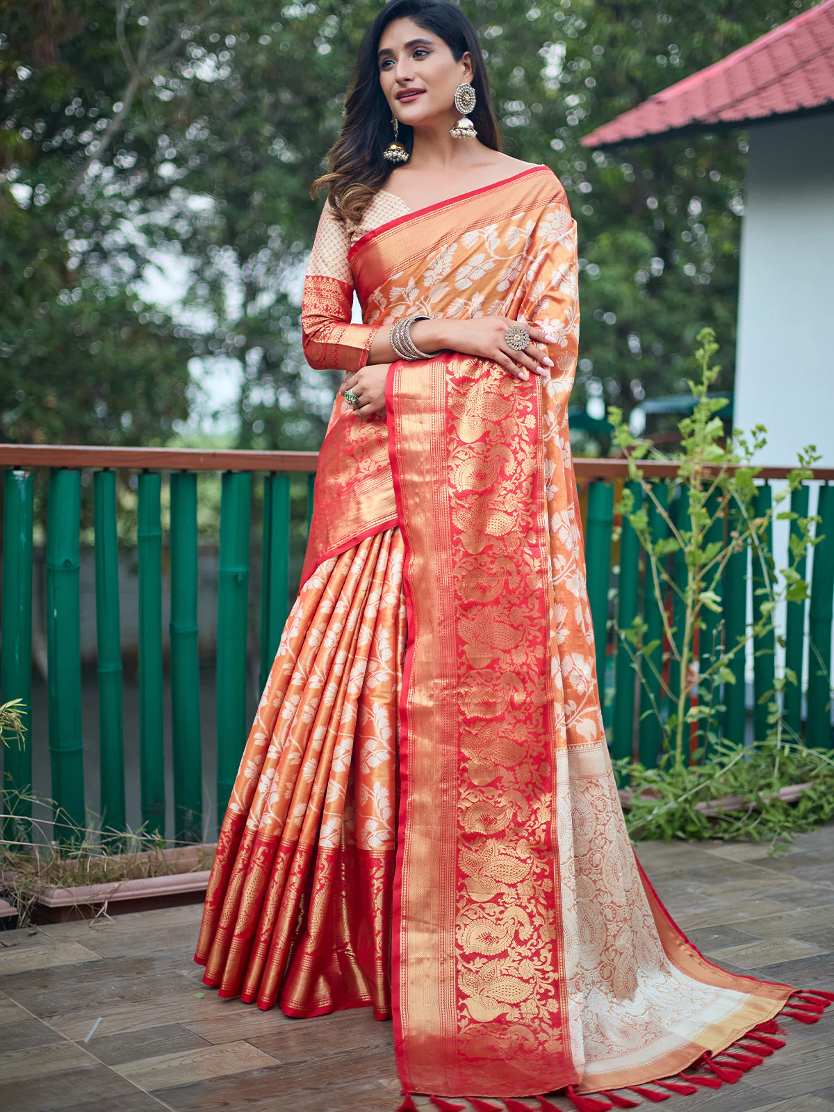 Odette Women's Orange Banarasi Silk  Saree with unstitched Blouse - Image 2