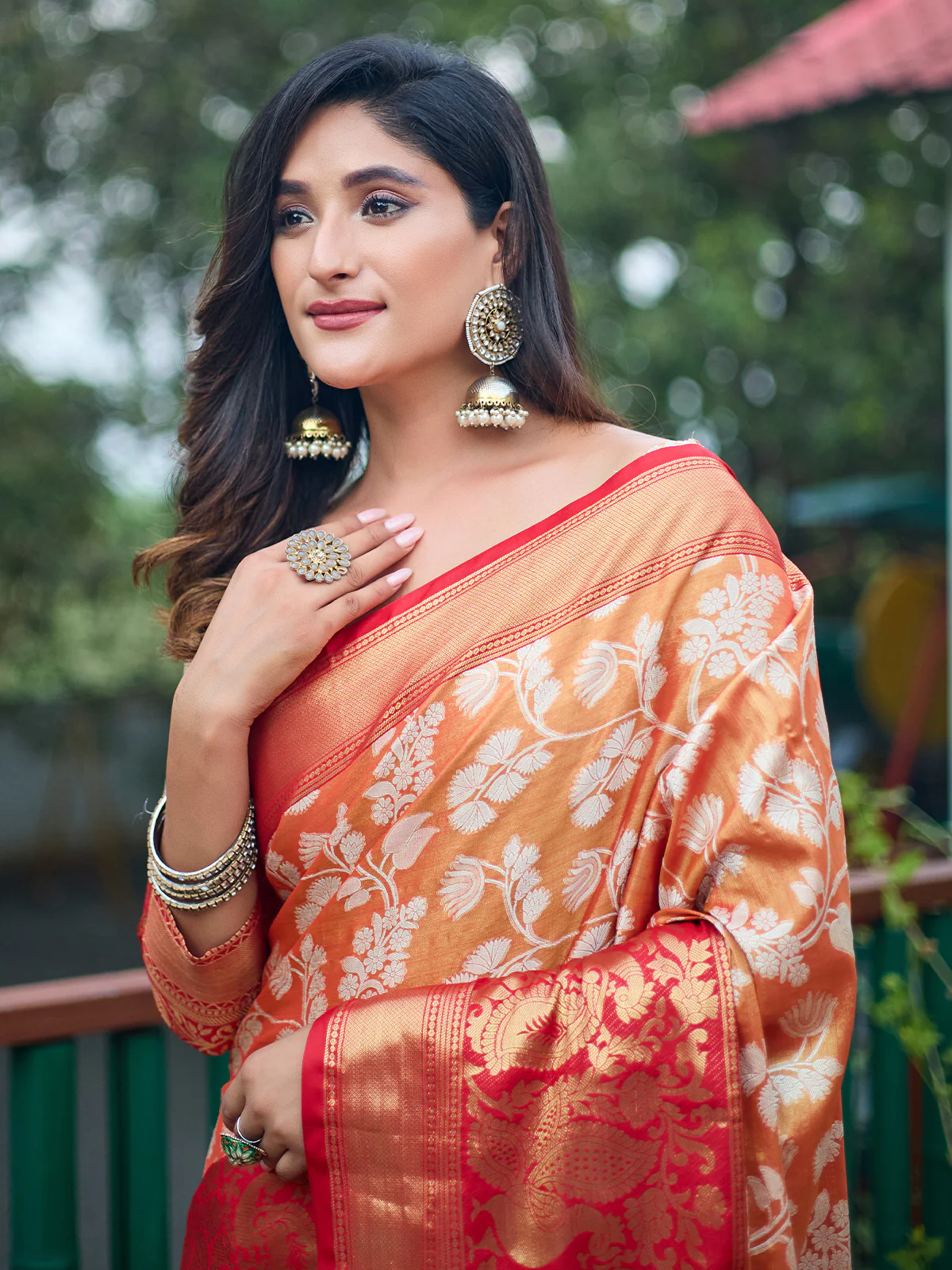 Odette Women's Orange Banarasi Silk  Saree with unstitched Blouse - Image 4