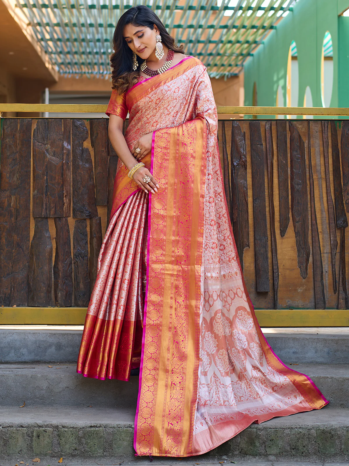 Odette Orange Silk  Saree with unstitched Blouse For Women - Image 2