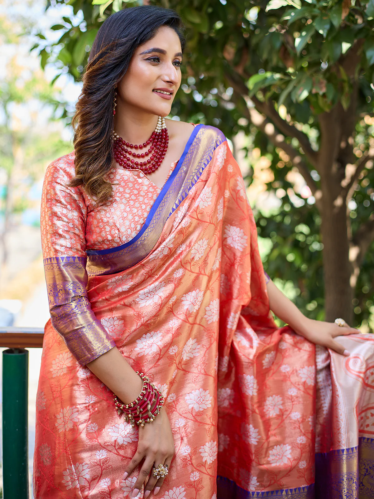Odette Peach Silk Saree with unstitched Blouse For Women - Image 3