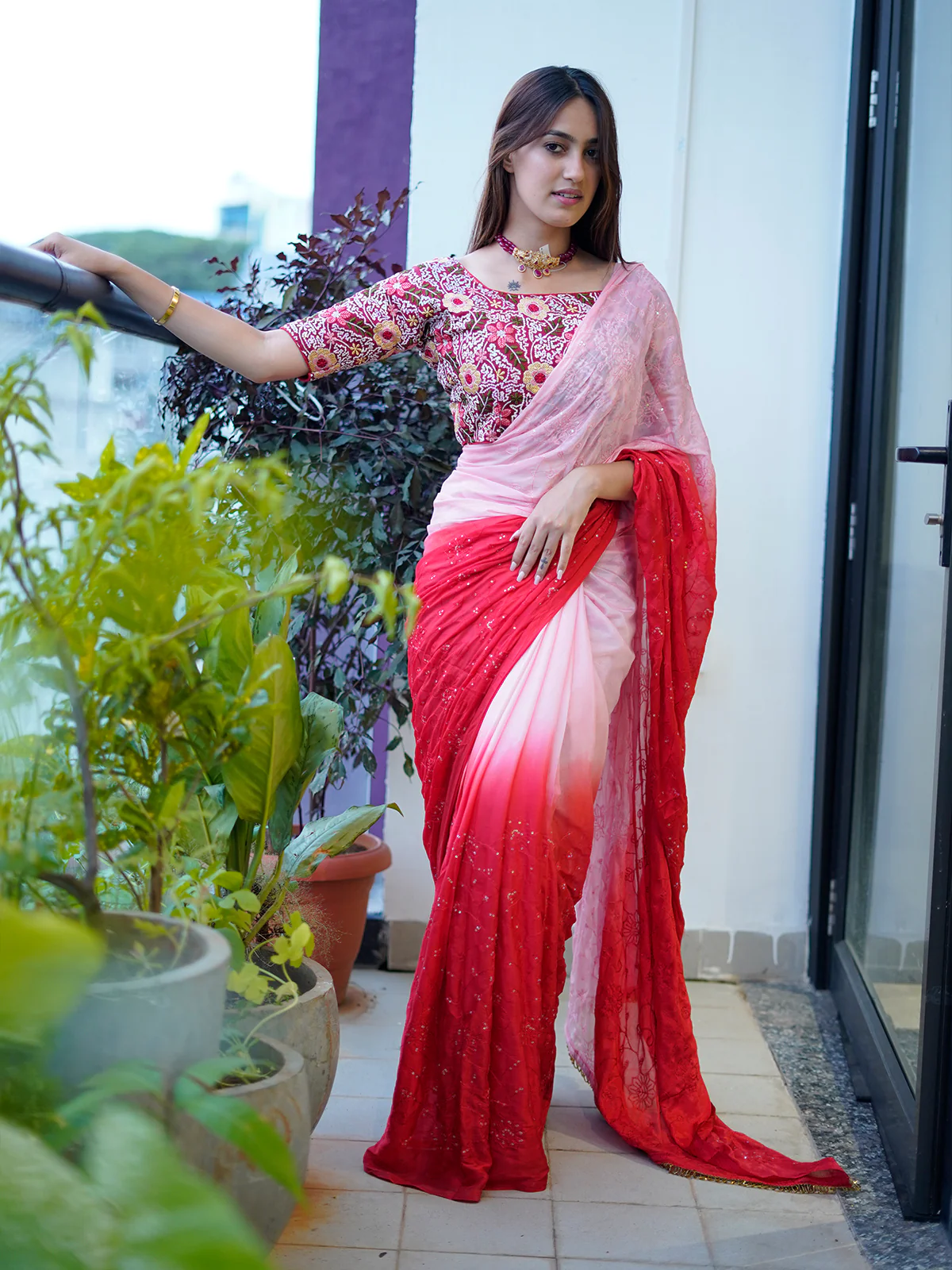 Odette Women's Pink Chinon  Saree with stitched Blouse - Image 2