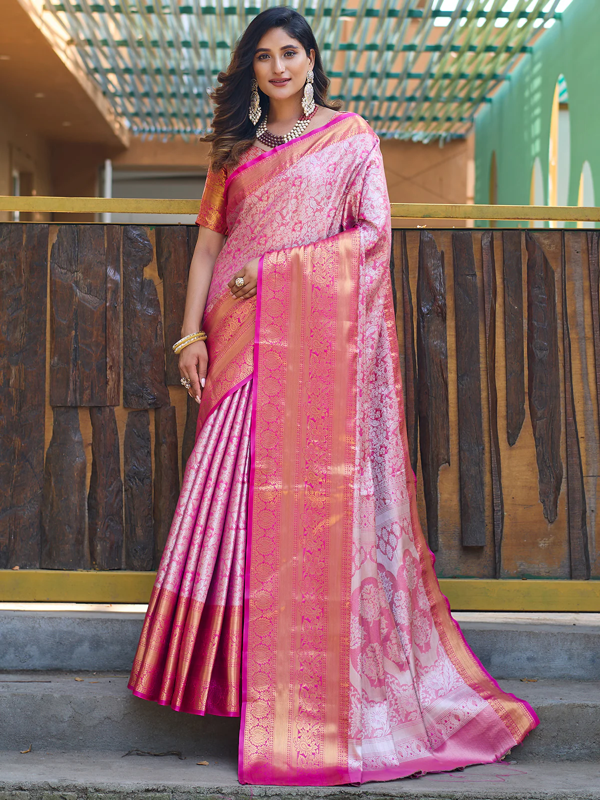 Odette Pink Silk  Saree with unstitched Blouse For Women - Image 2