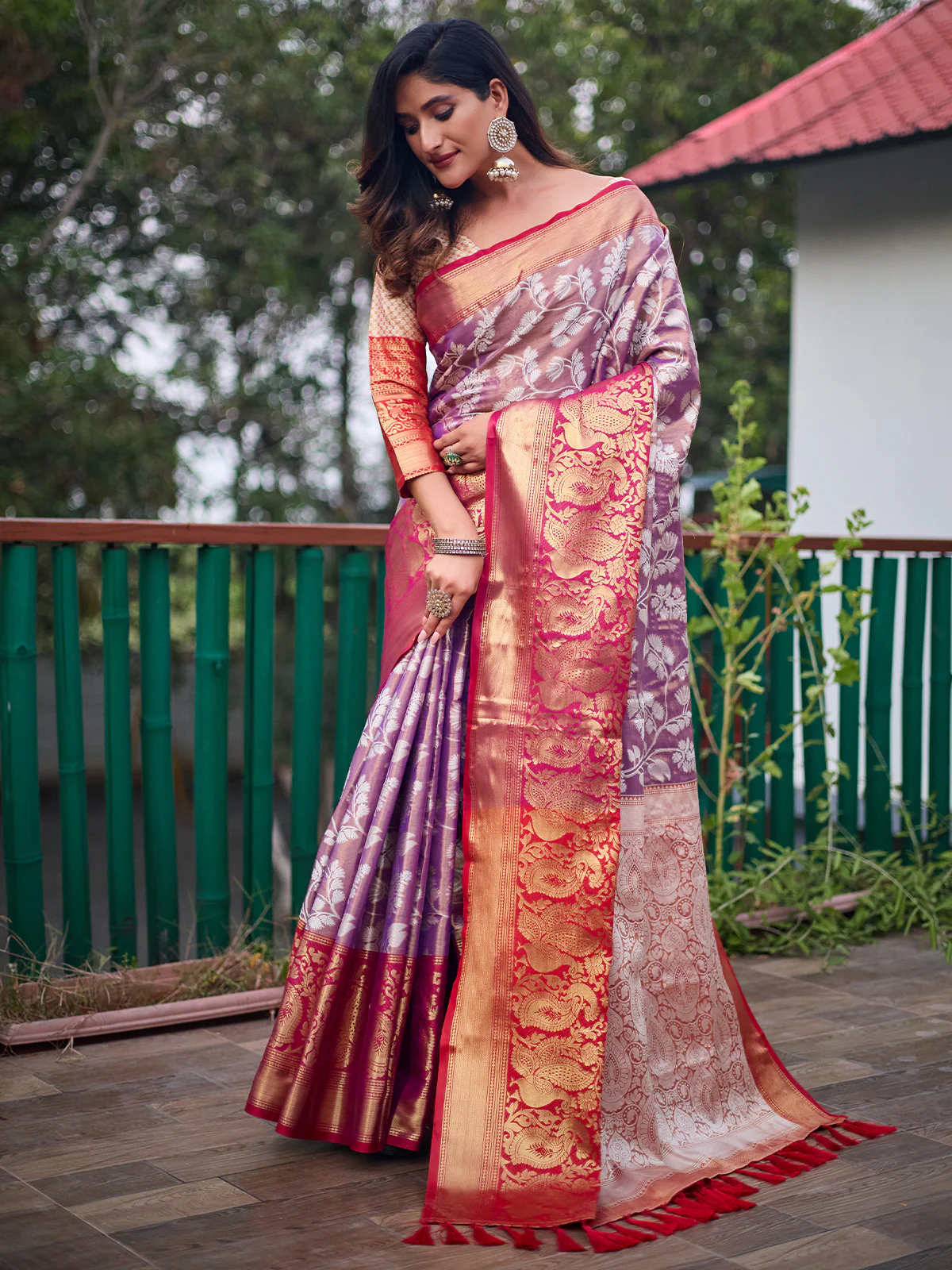 Odette Women's Violet Banarasi Silk  Saree with unstitched Blouse - Image 2