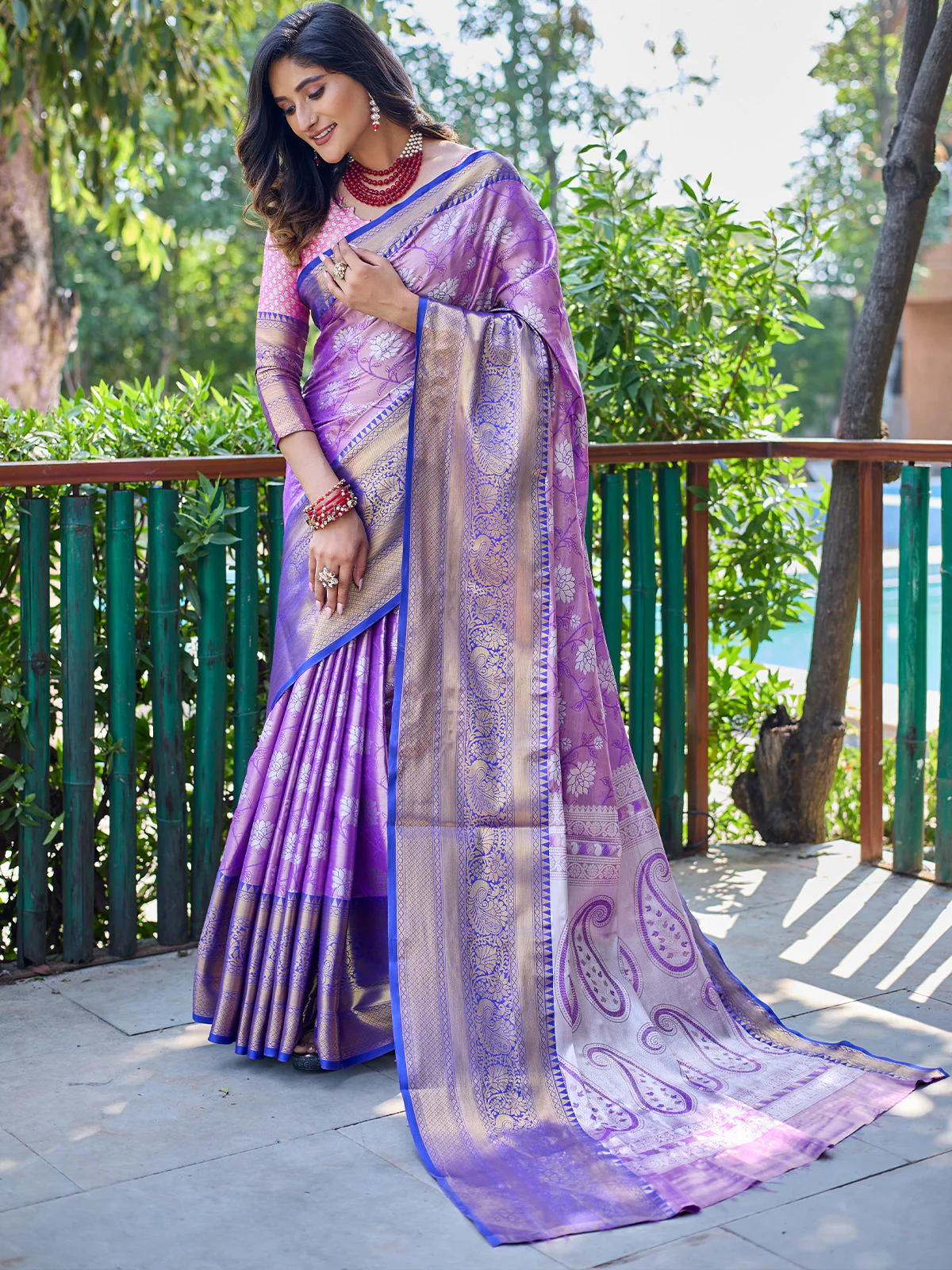 Odette Purple Silk Saree with unstitched Blouse For Women - Image 2