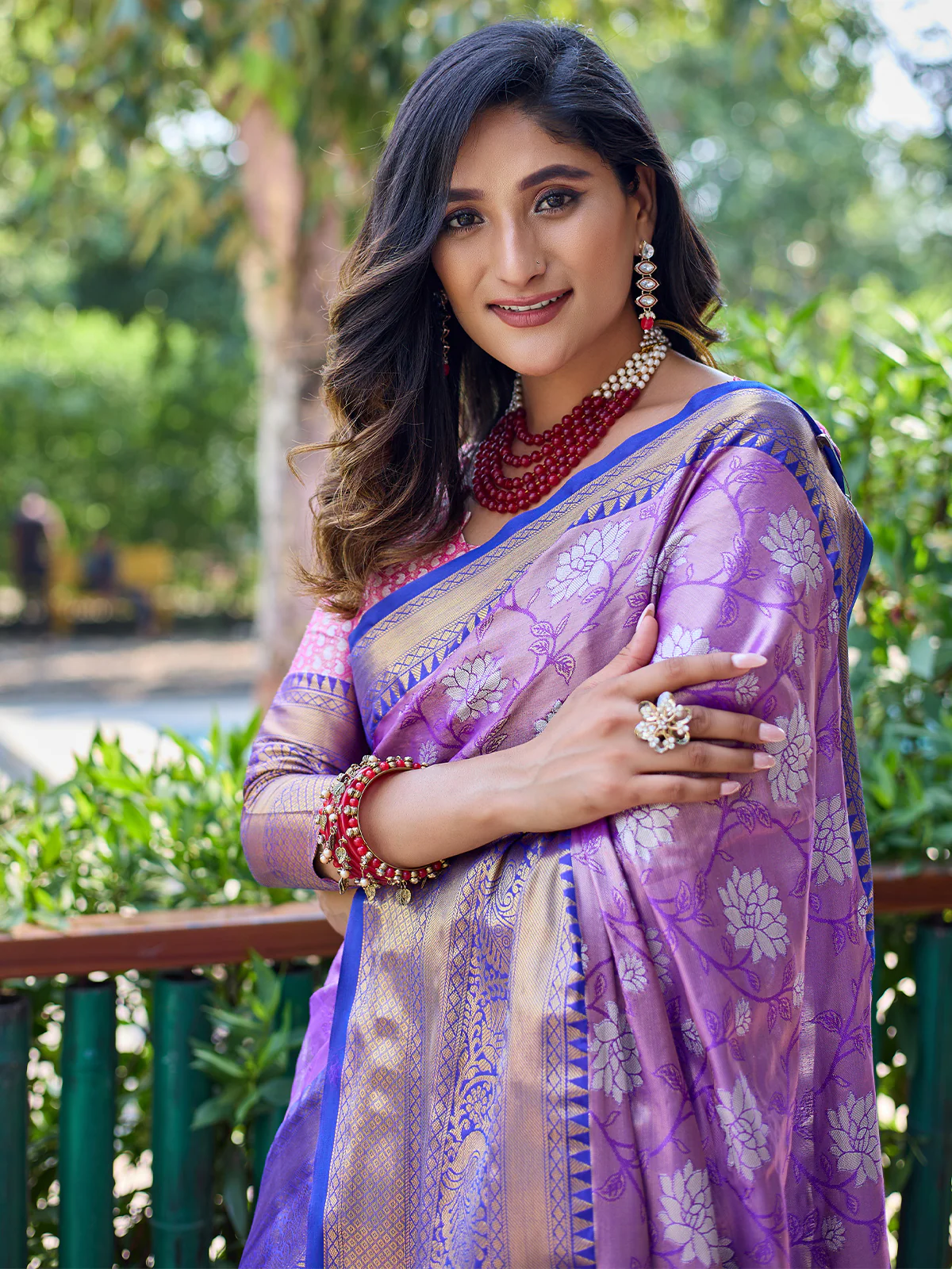 Odette Purple Silk Saree with unstitched Blouse For Women - Image 4