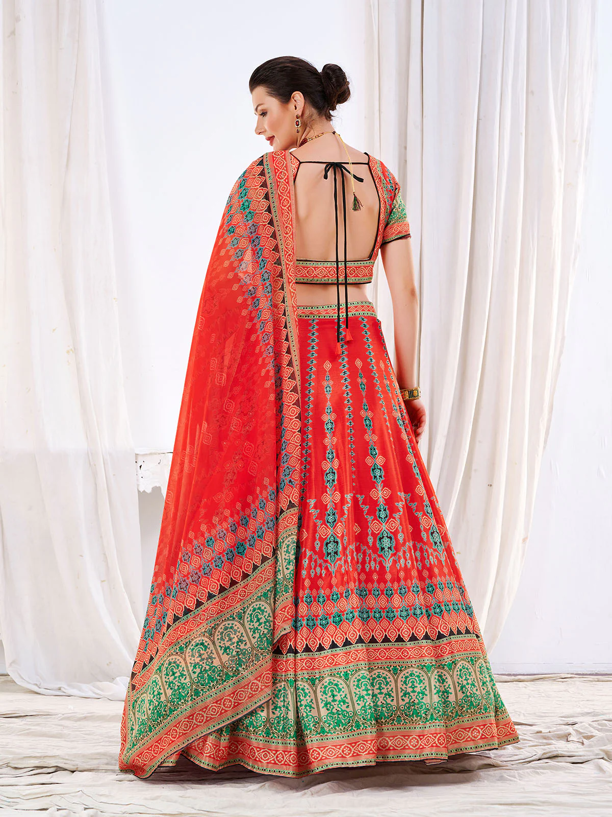 Odette Women's Red Chinon Semi Stitched Lehenga with Unstitched Blouse - Image 3