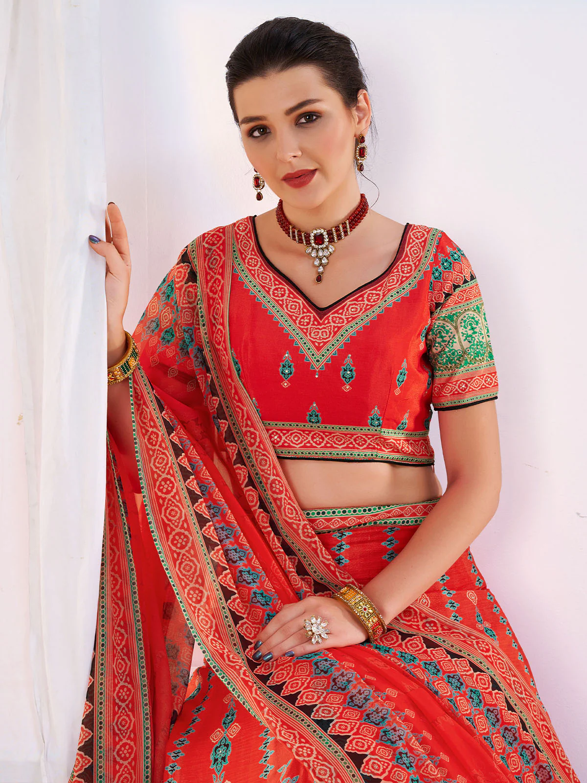 Odette Women's Red Chinon Semi Stitched Lehenga with Unstitched Blouse - Image 4