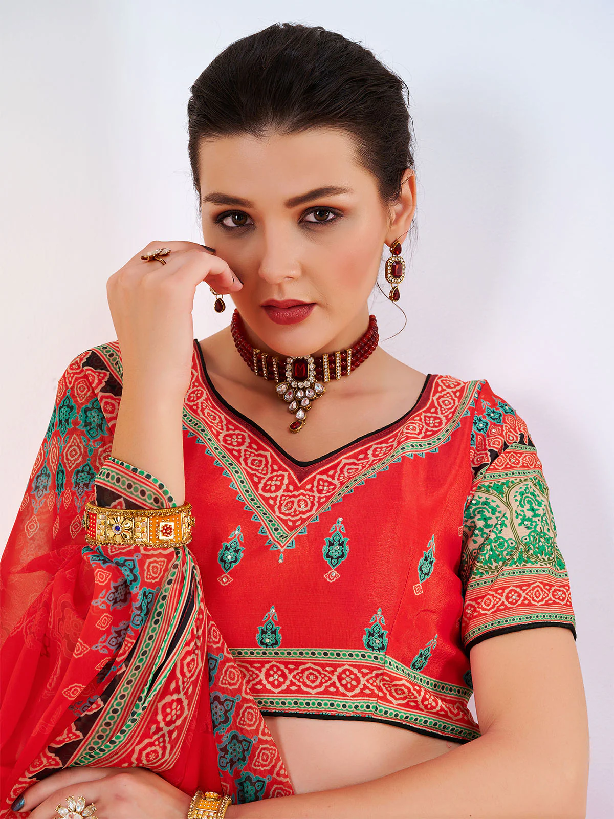 Odette Women's Red Chinon Semi Stitched Lehenga with Unstitched Blouse - Image 5