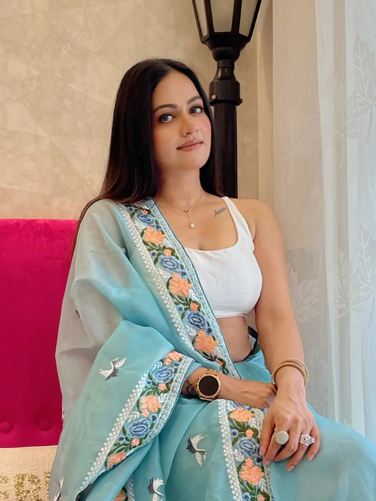 Odette Blue Organza Saree with unstitched Blouse For Women - Image 5