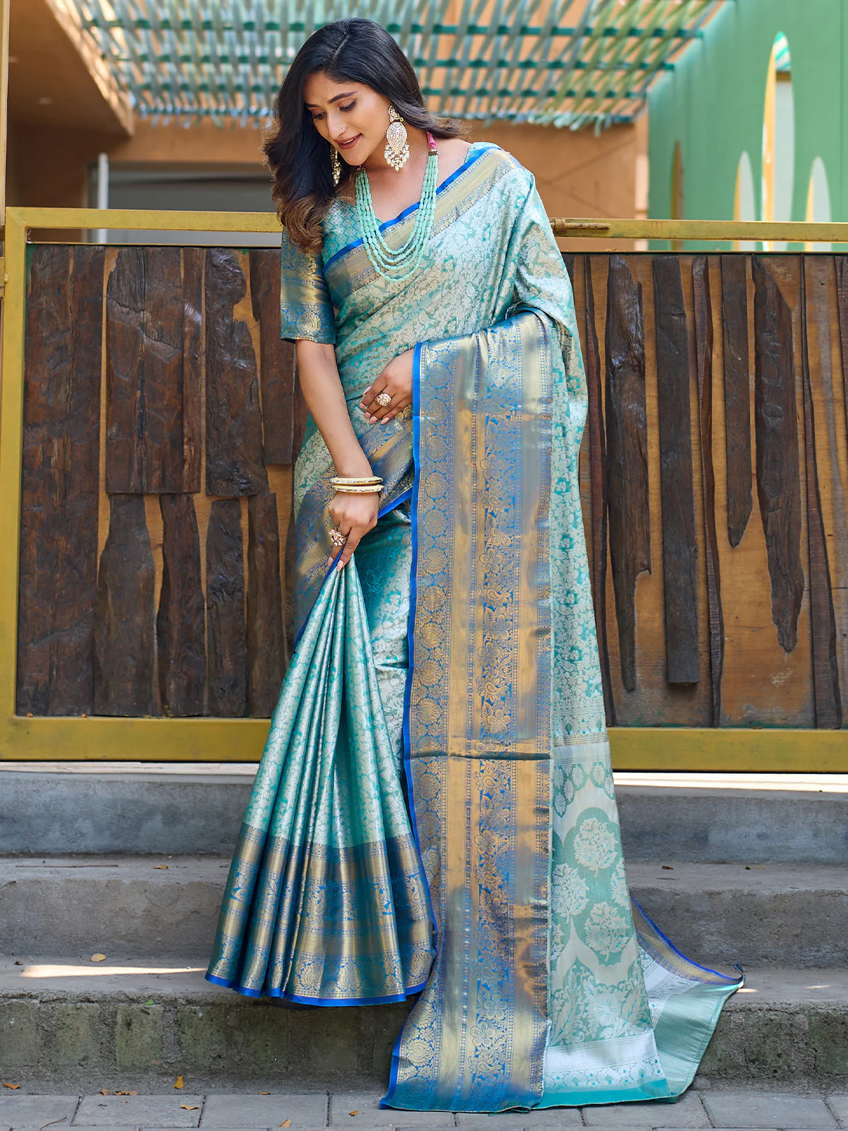 Odette Blue Silk  Saree with unstitched Blouse For Women - Image 2