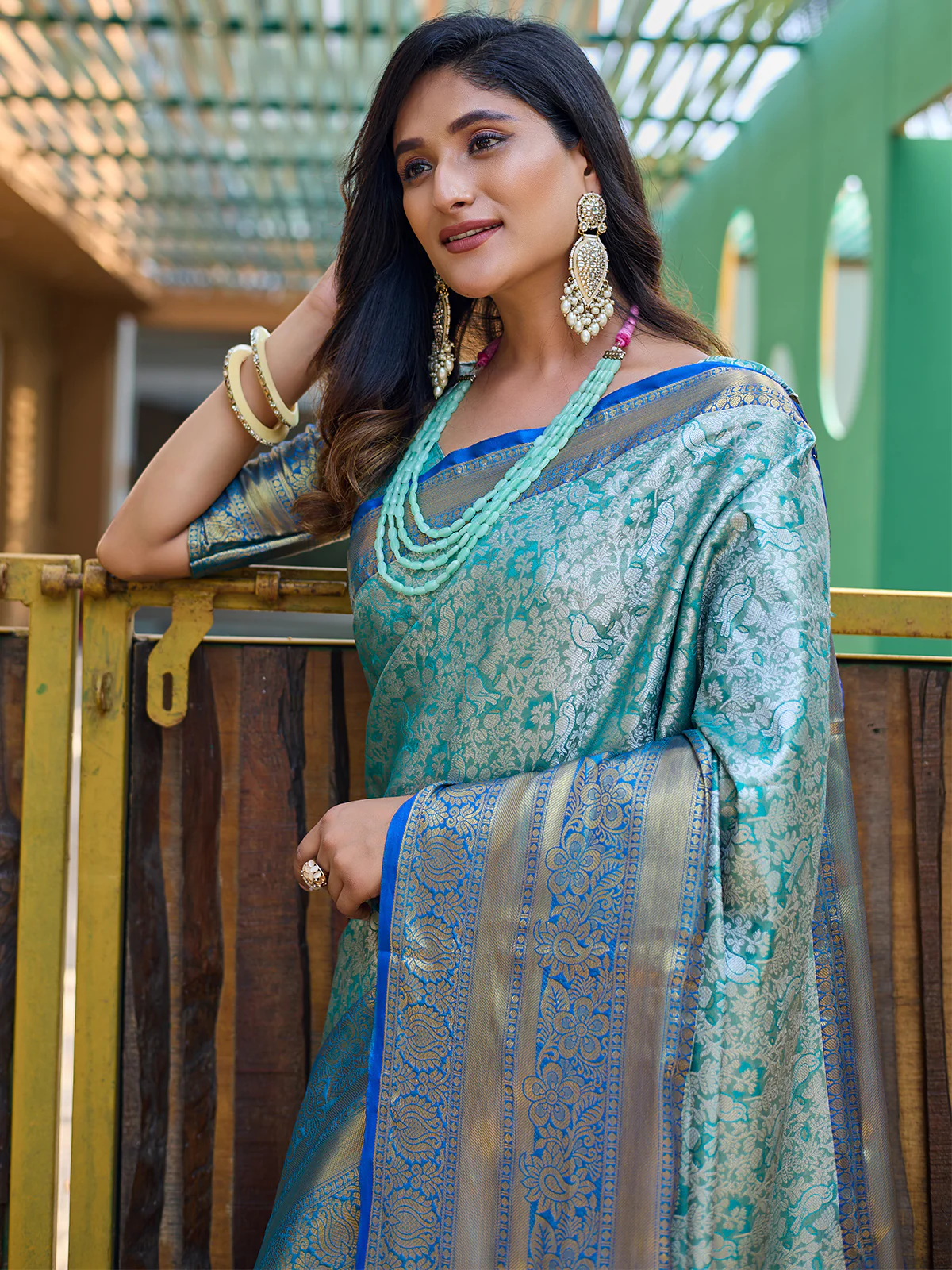 Odette Blue Silk  Saree with unstitched Blouse For Women - Image 3