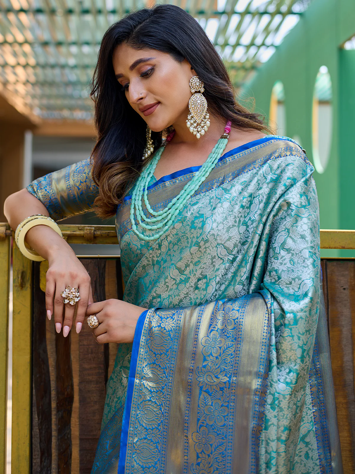 Odette Blue Silk  Saree with unstitched Blouse For Women - Image 4