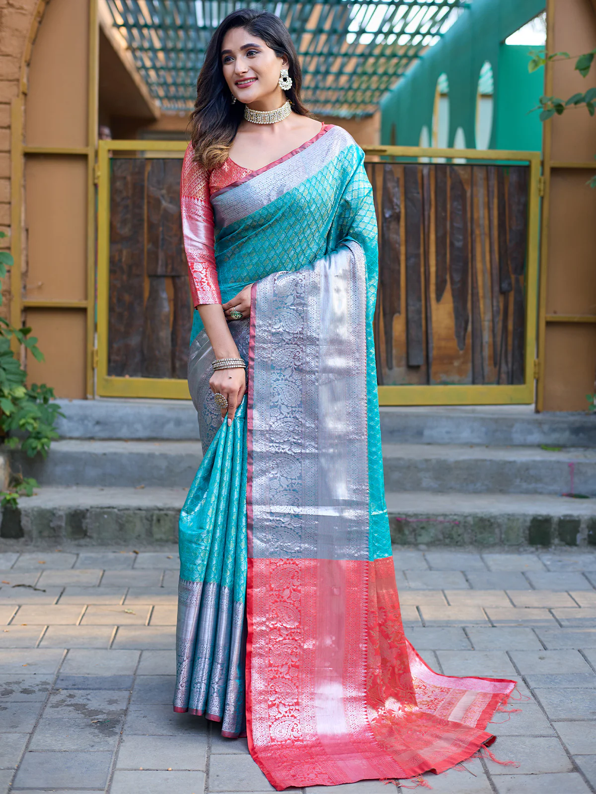 Odette Blue Banarasi Silk Saree with unstitched Blouse For Women - Image 2