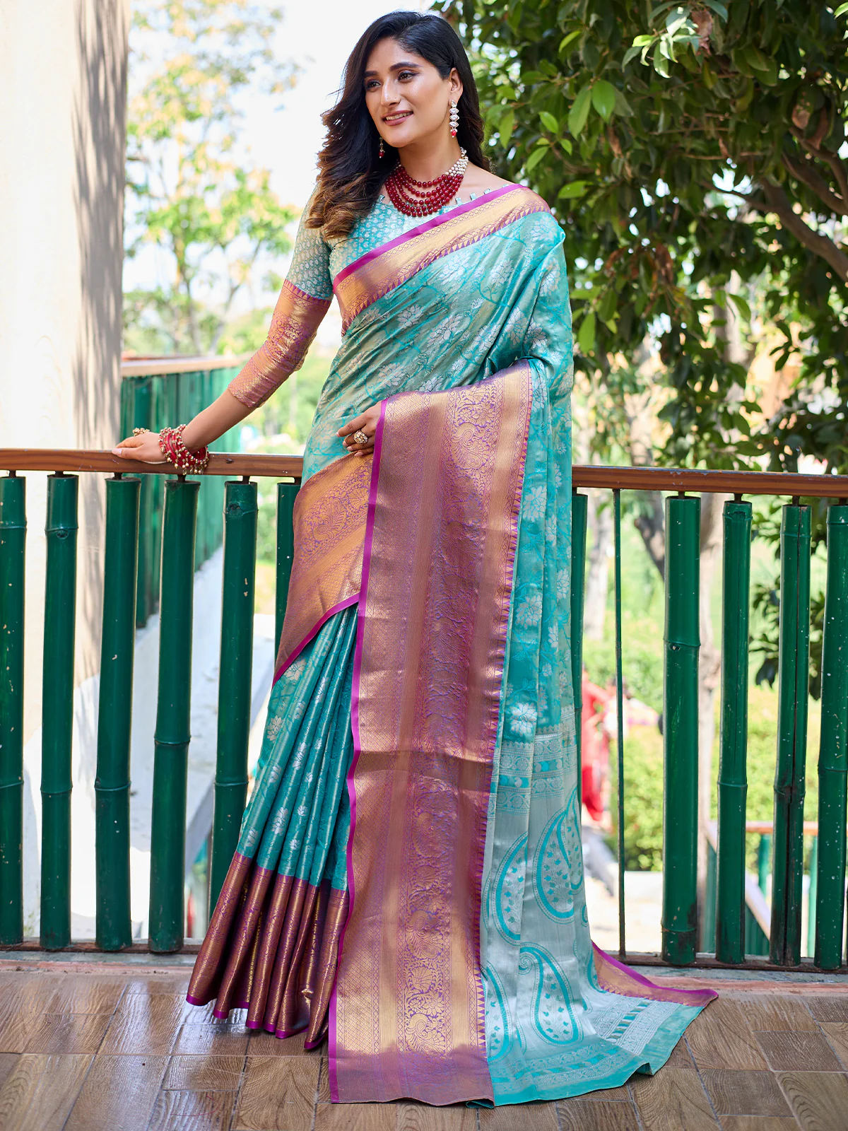 Odette Blue Silk Saree with unstitched Blouse For Women - Image 2