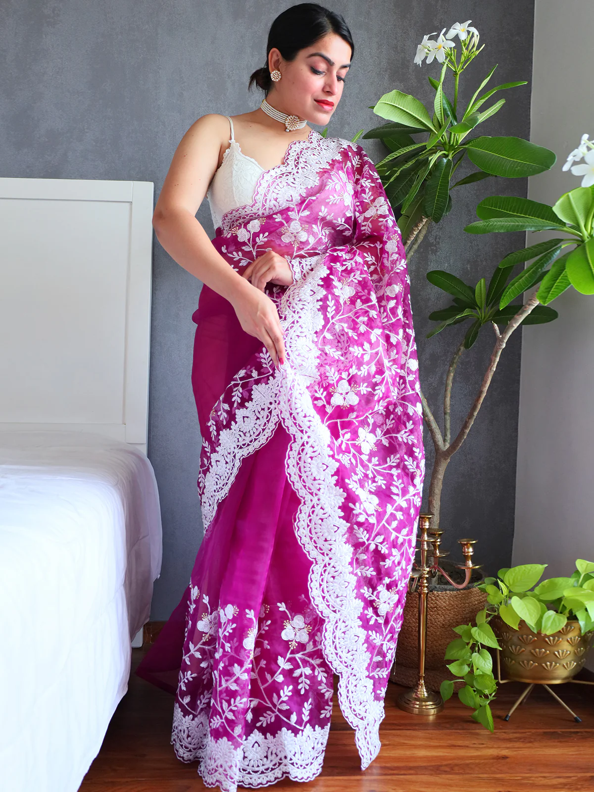 Odette Purple Organza  Saree with unstitched Blouse For Women - Image 2