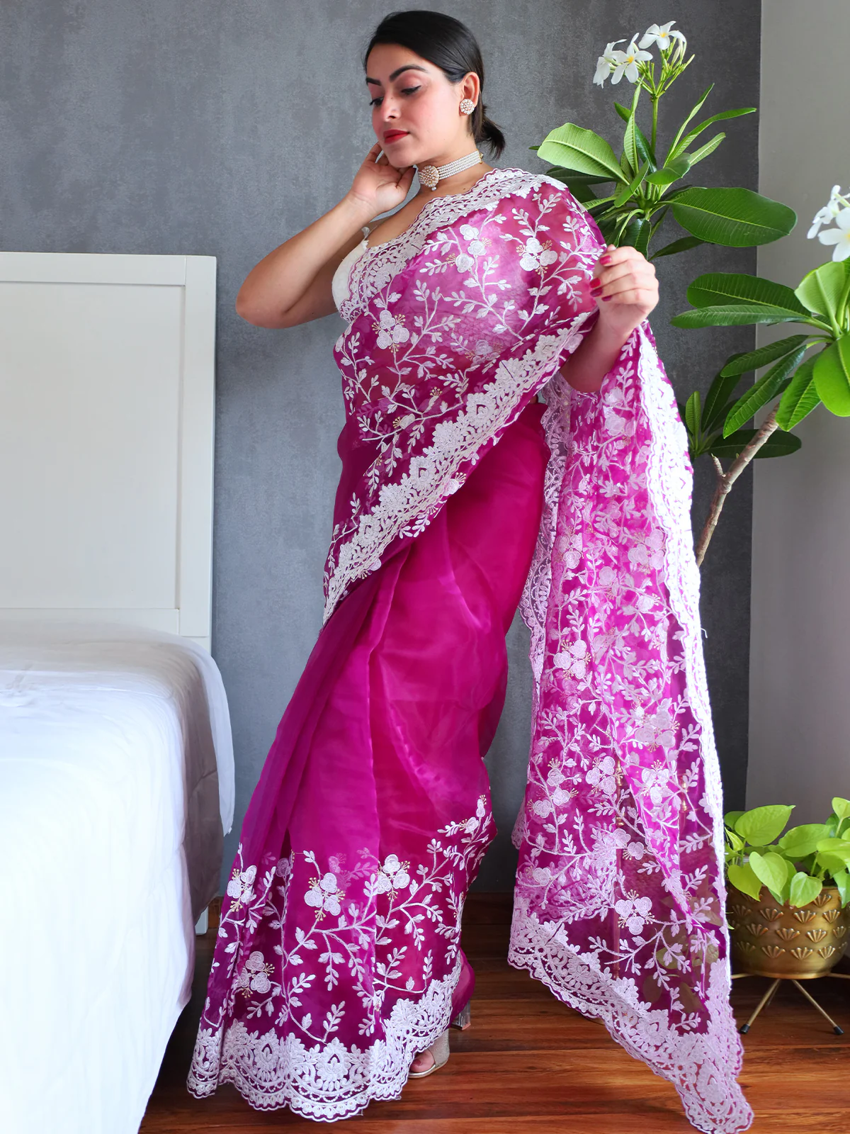 Odette Purple Organza  Saree with unstitched Blouse For Women - Image 3
