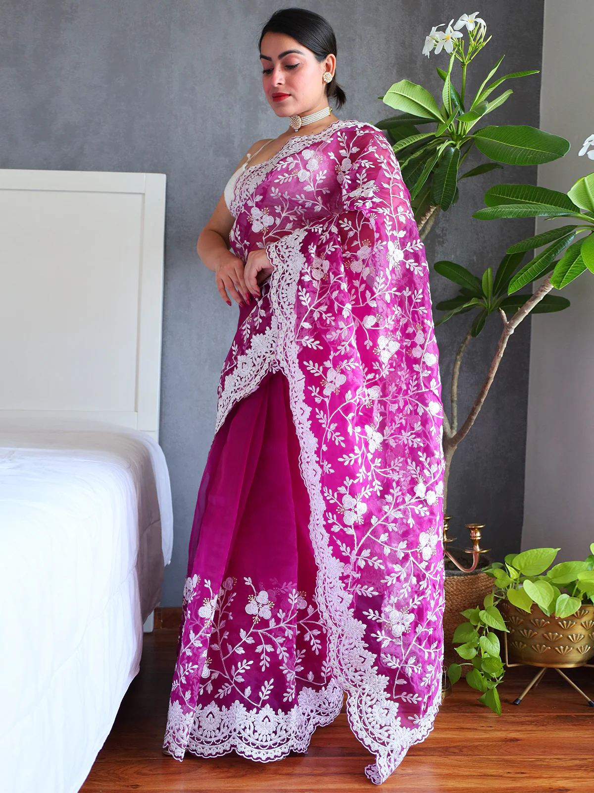 Odette Purple Organza  Saree with unstitched Blouse For Women - Image 4