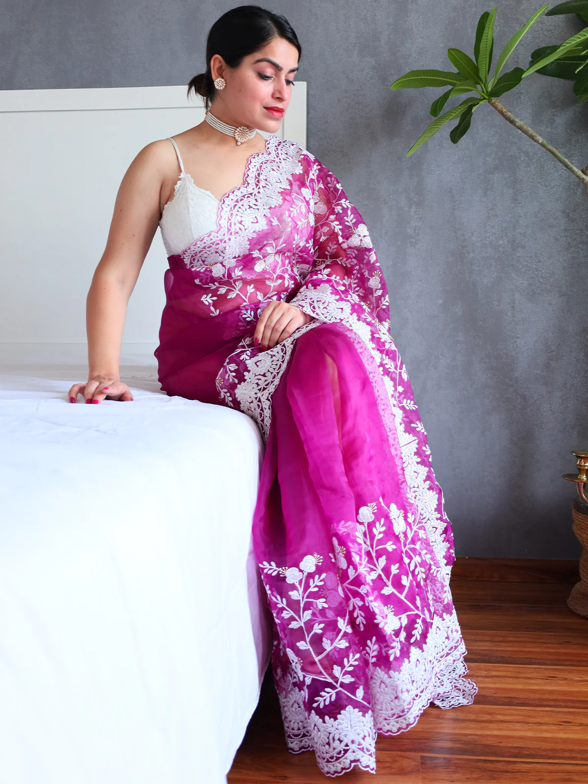 Odette Purple Organza  Saree with unstitched Blouse For Women - Image 5
