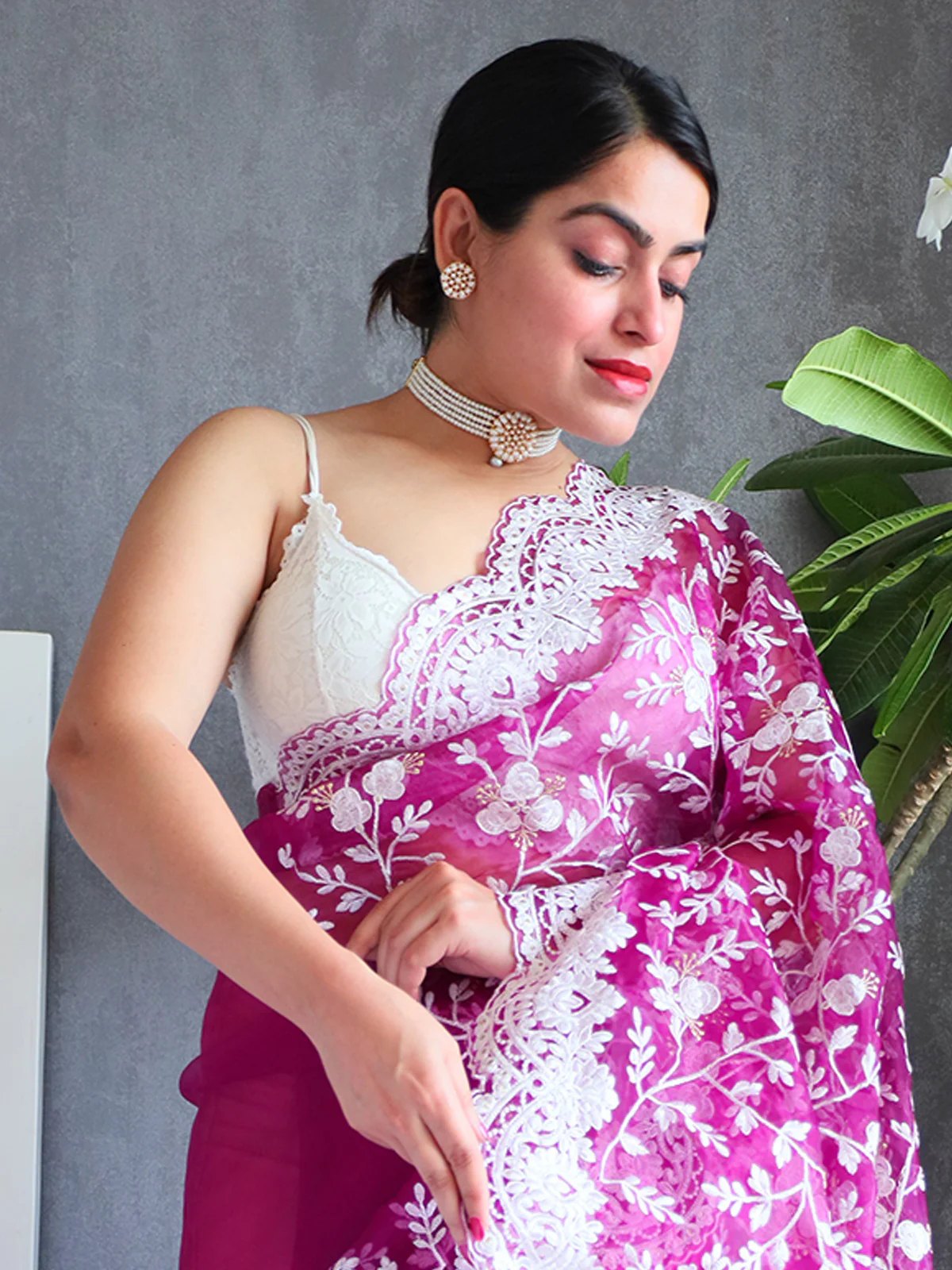 Odette Purple Organza  Saree with unstitched Blouse For Women - Image 6