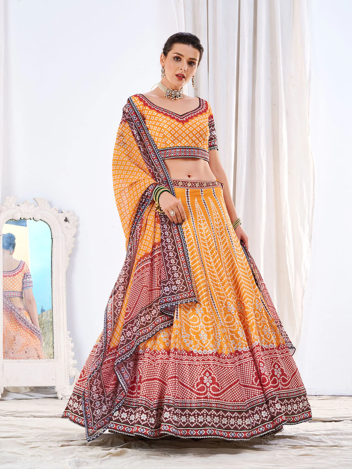 Odette Women's Yellow Chinon Semi Stitched Lehenga with Unstitched Blouse - Image 2