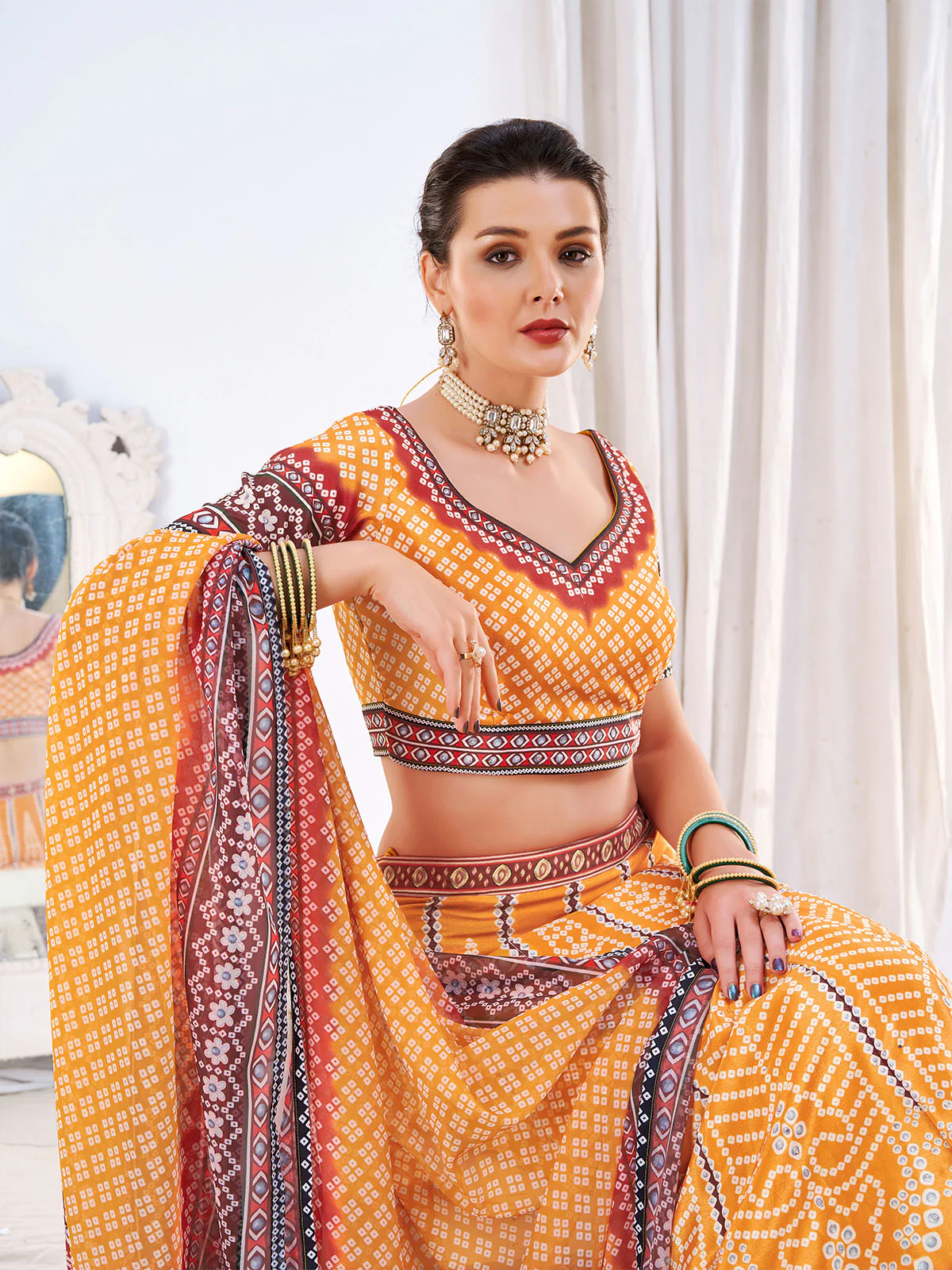 Odette Women's Yellow Chinon Semi Stitched Lehenga with Unstitched Blouse - Image 4