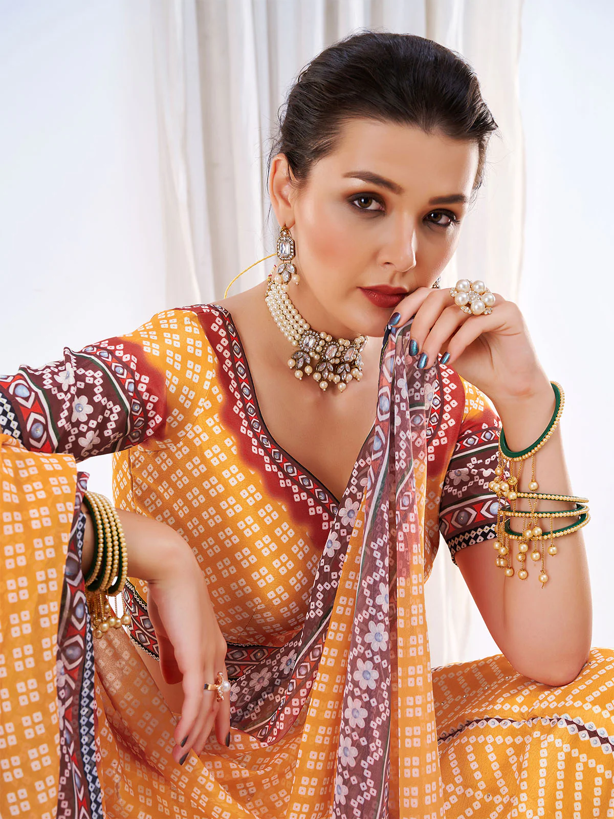 Odette Women's Yellow Chinon Semi Stitched Lehenga with Unstitched Blouse - Image 5