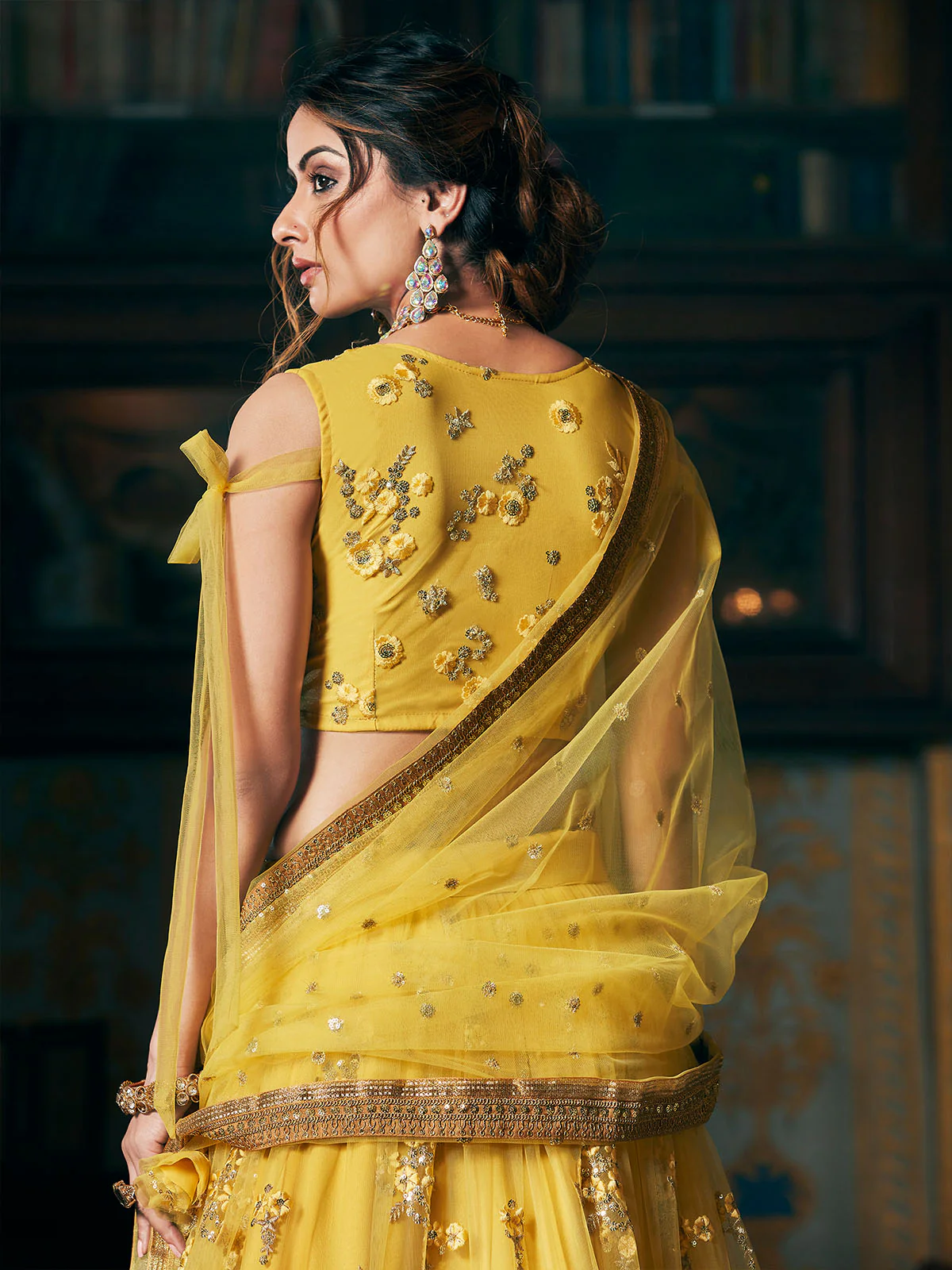 Odette Women's Yellow Net Semi Stitched Lehenga with Unstitched Blouse - Image 4