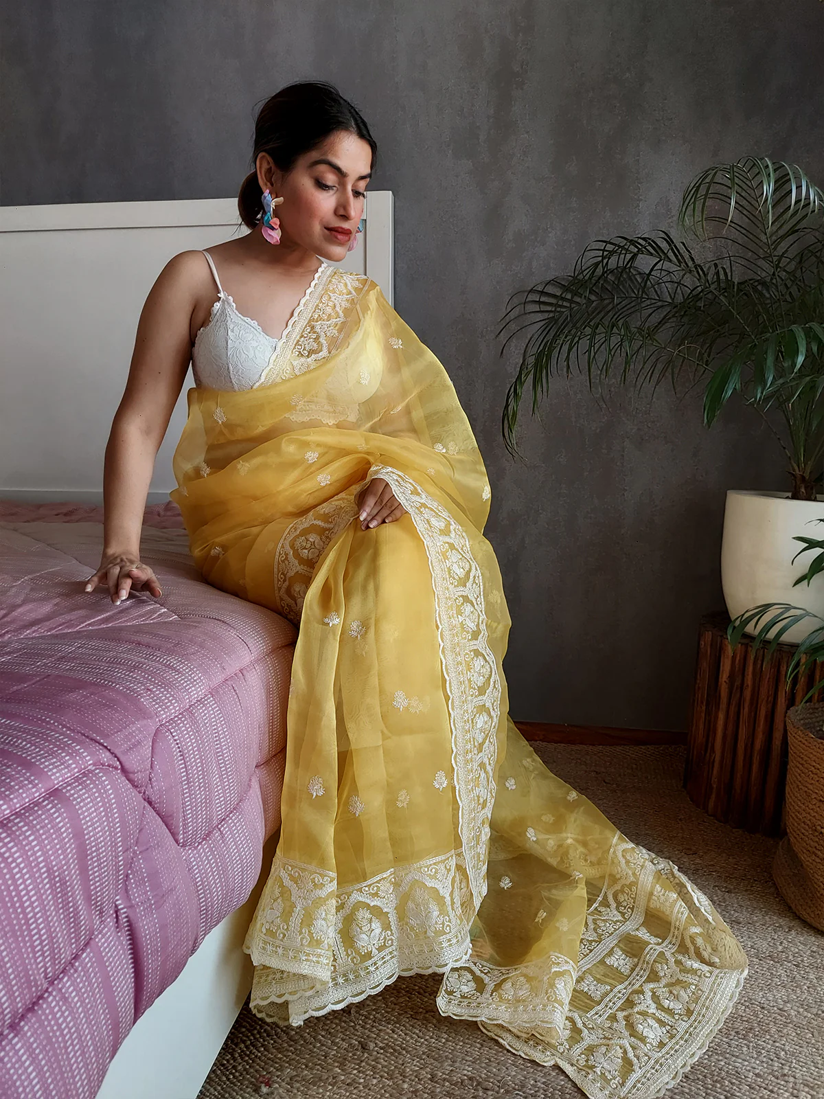 Odette Yellow Organza  Saree with unstitched Blouse For Women - Image 3