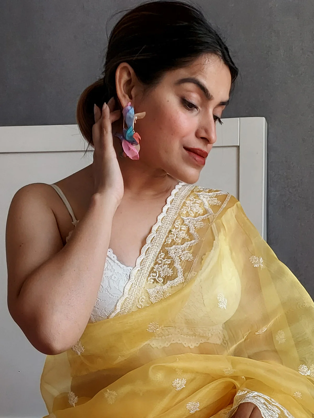 Odette Yellow Organza  Saree with unstitched Blouse For Women - Image 4
