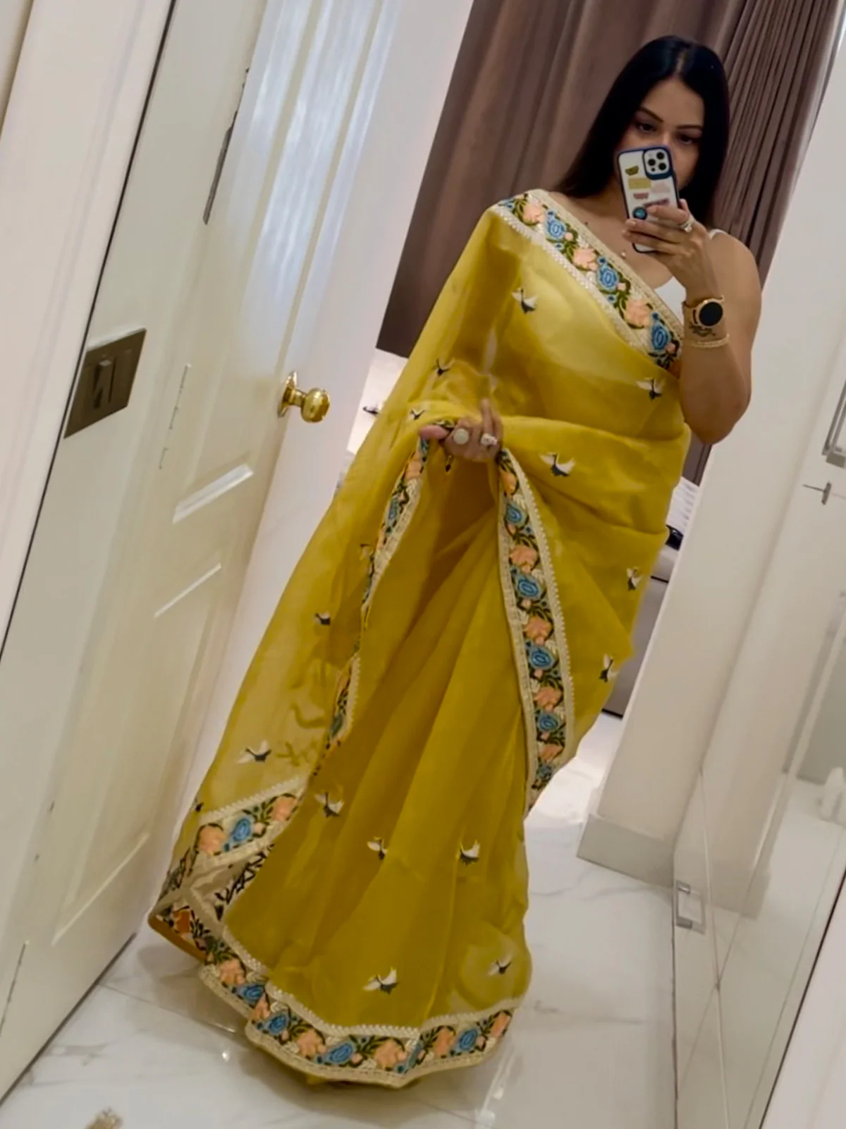 Odette Yellow Organza  Saree with unstitched Blouse For Women - Image 3