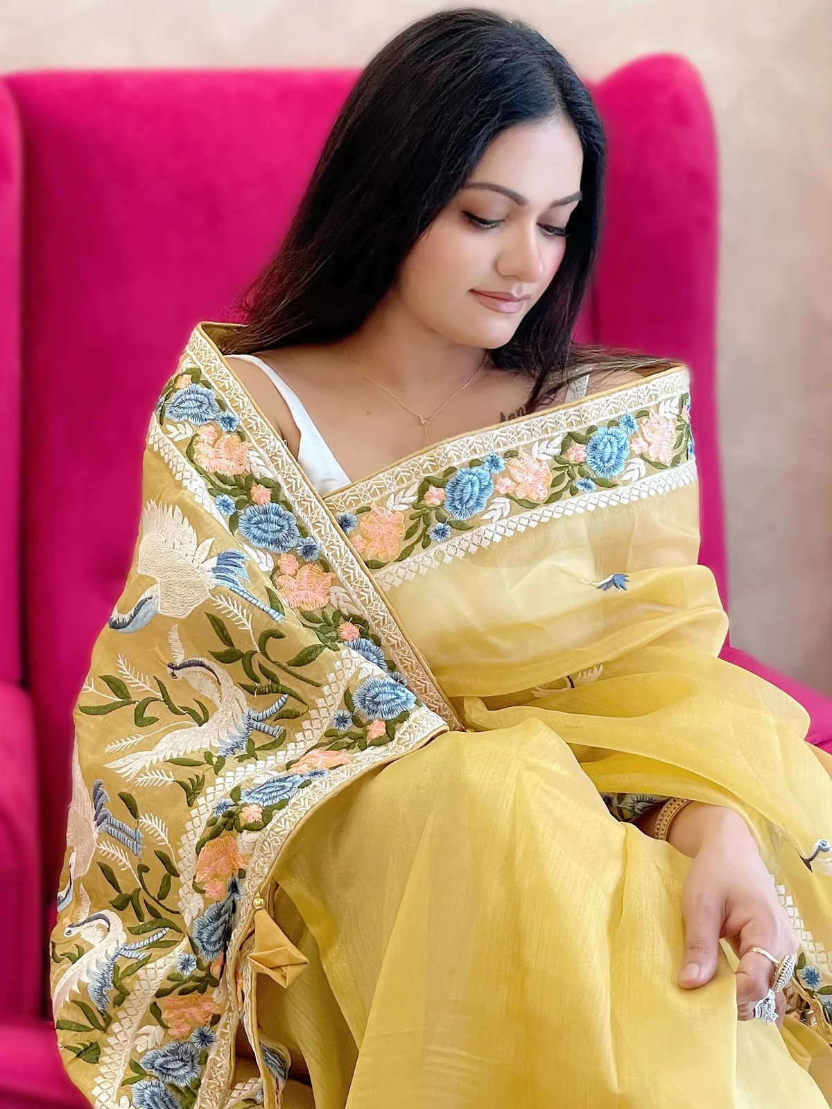 Odette Yellow Organza  Saree with unstitched Blouse For Women - Image 4