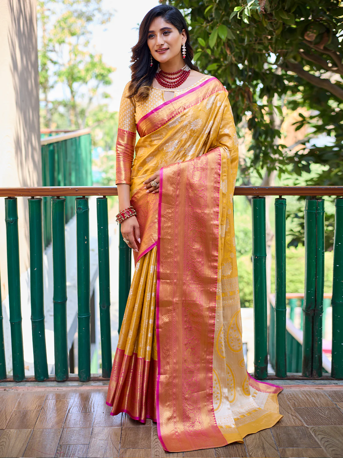 Odette Yellow Silk Saree with unstitched Blouse For Women - Image 2