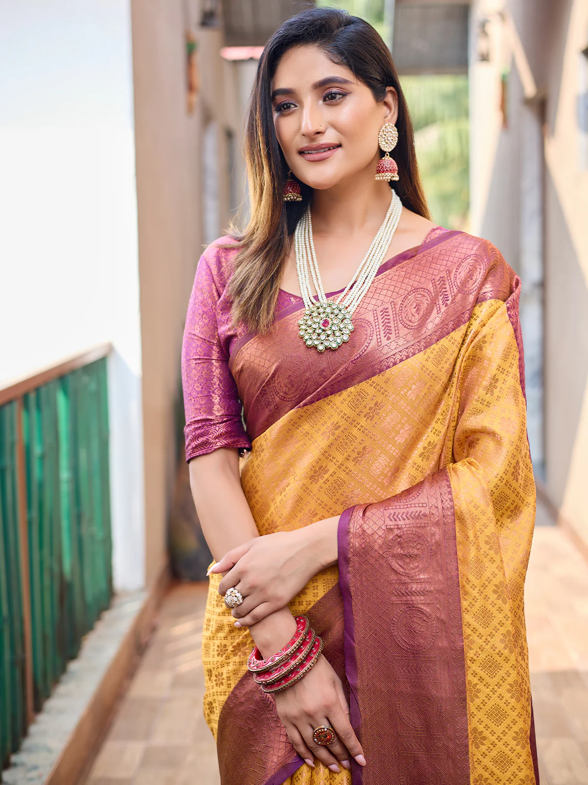 Odette Women's Yellow Silk Saree with unstitched Blouse - Image 3