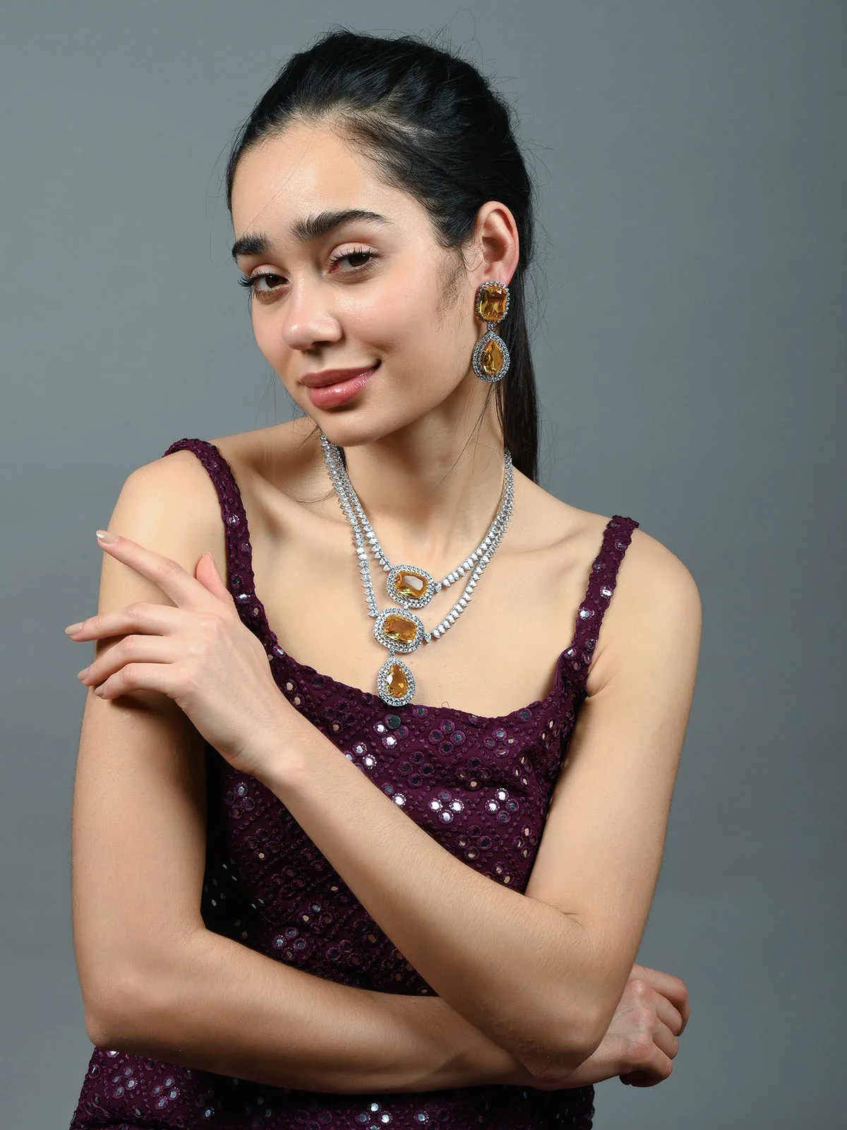 Odette Yellow Alloy Embellished Jewellery Set For Women - Image 2