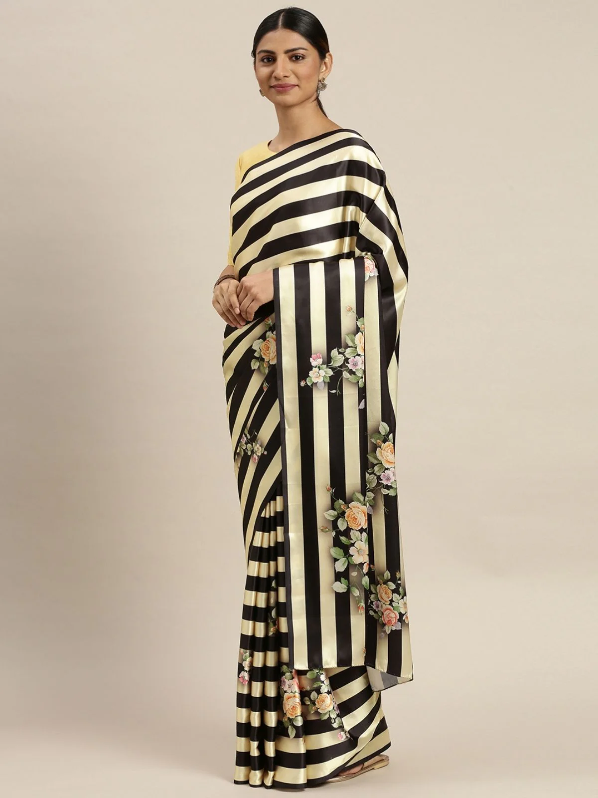 Odette Yellow And Black Satin Printed Saree With Unstitched Blouse For Women - Image 2