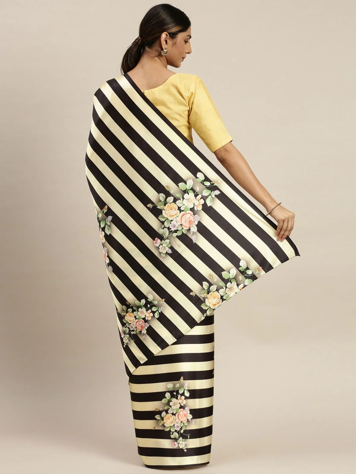 Odette Yellow And Black Satin Printed Saree With Unstitched Blouse For Women - Image 3