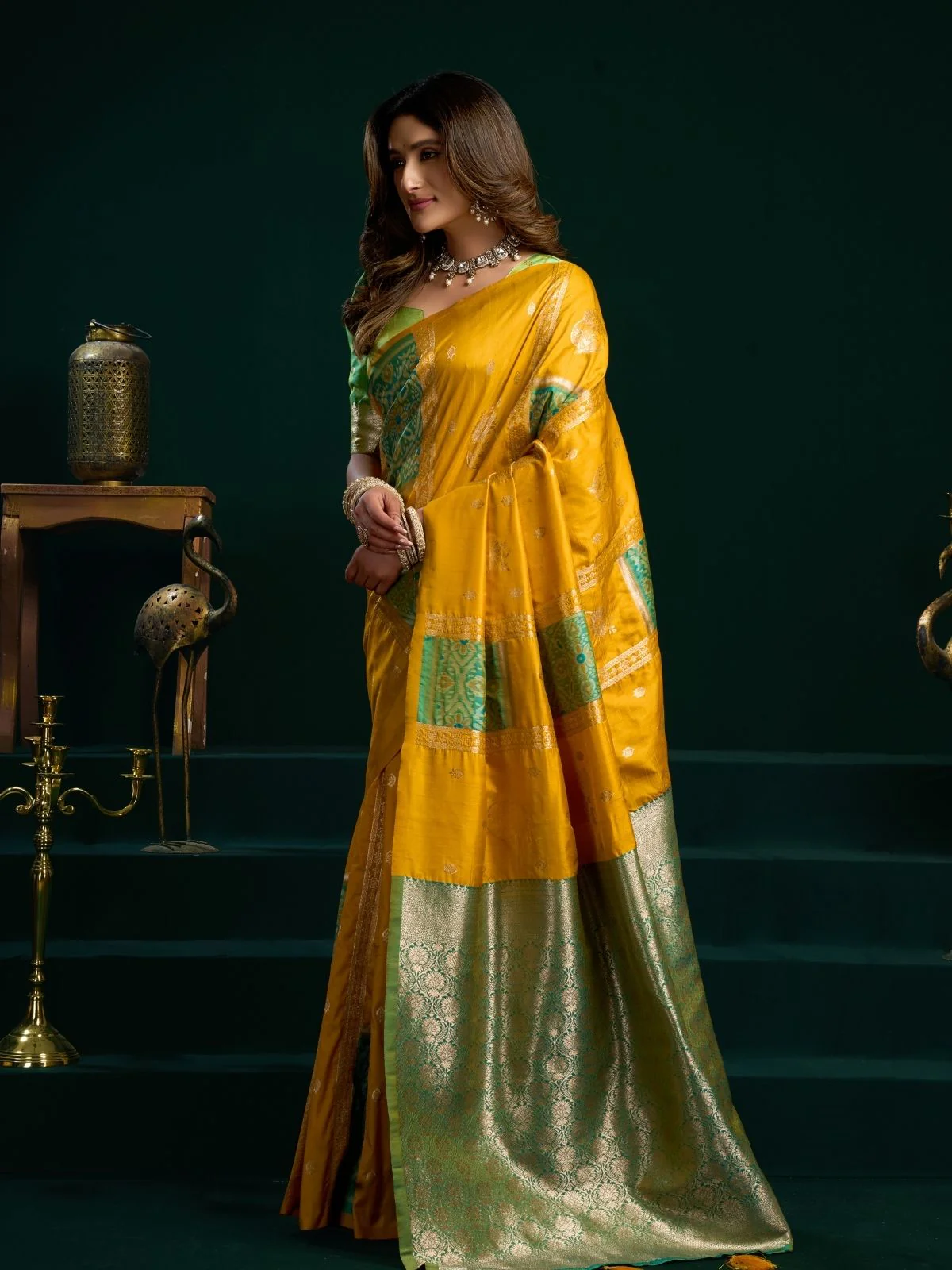 Odette Yellow and Light Green Silk Blend Woven Saree For Women - Image 2