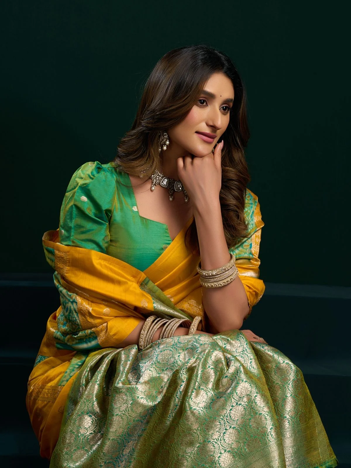 Odette Yellow and Light Green Silk Blend Woven Saree For Women - Image 5