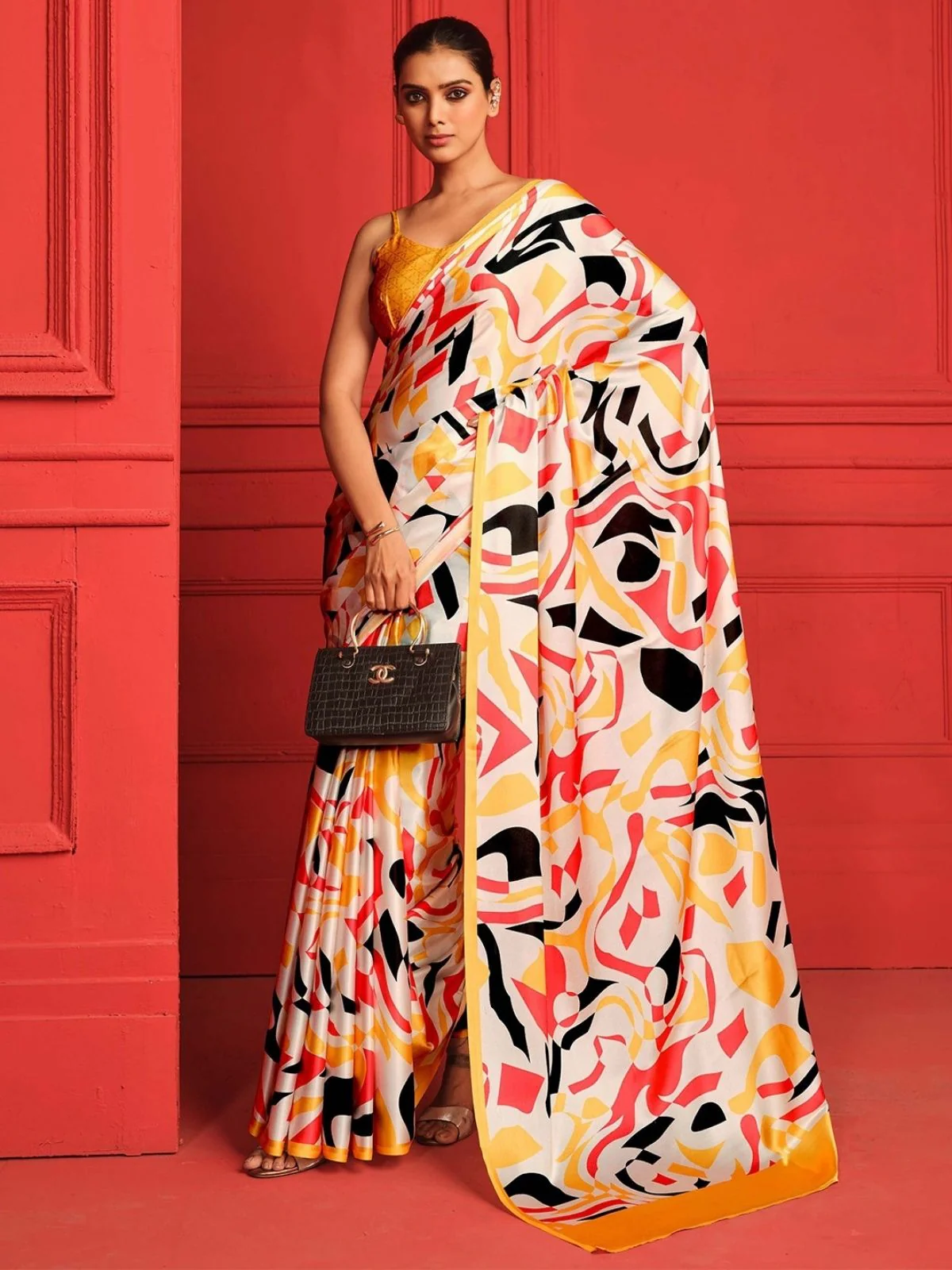 Odette Yellow And Multicolor Satin Printed Saree With Unstitched Blouse For Women - Image 2